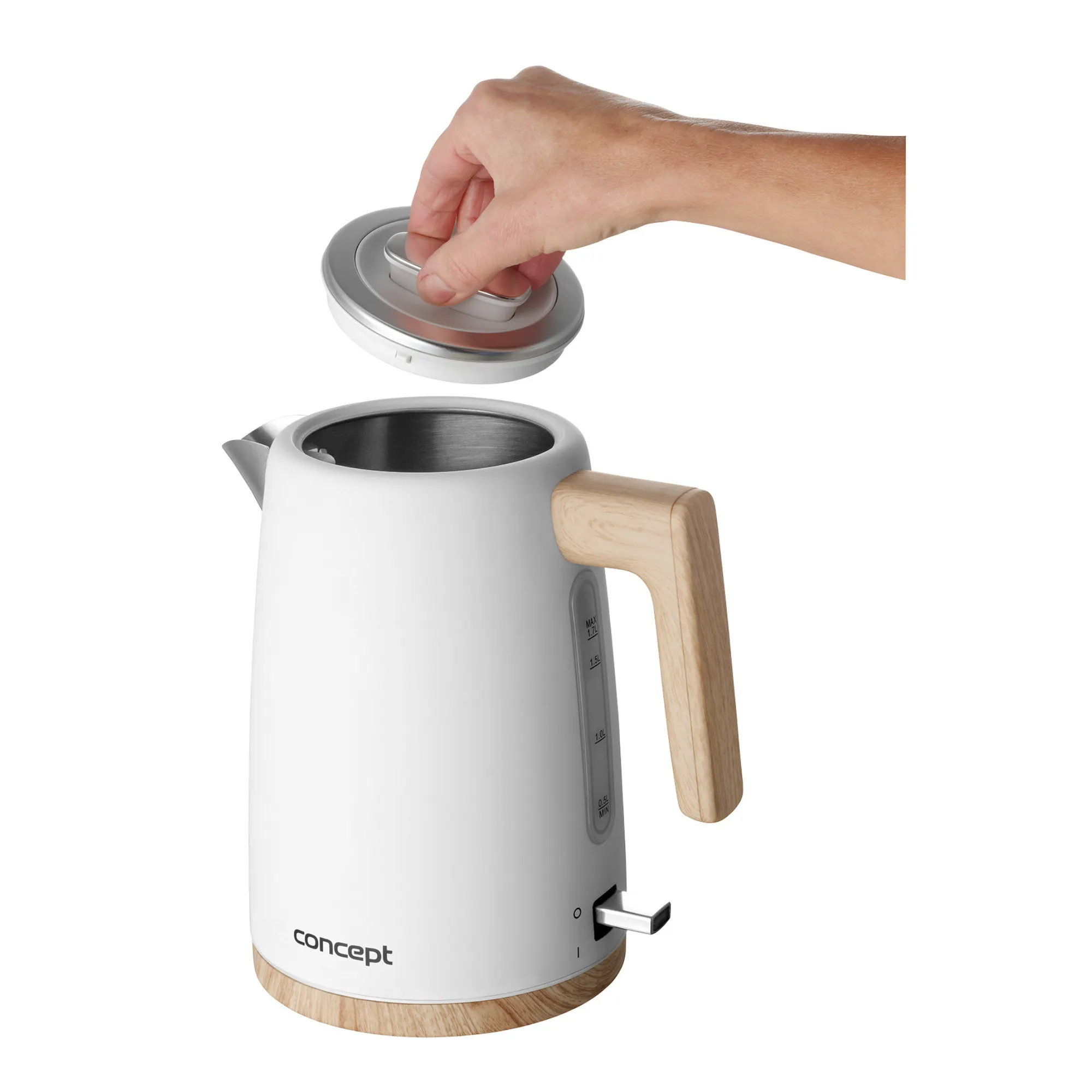 image czajnik, elektryczny, korpus biały, rączka drewniana, podstawa drewniana