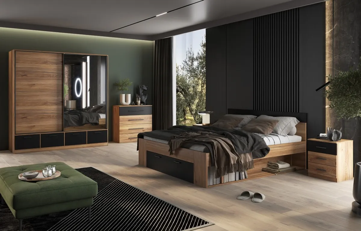 Łóżko BETA z szufladą dąb mauvella czarne 180/200cm - 22MW1692