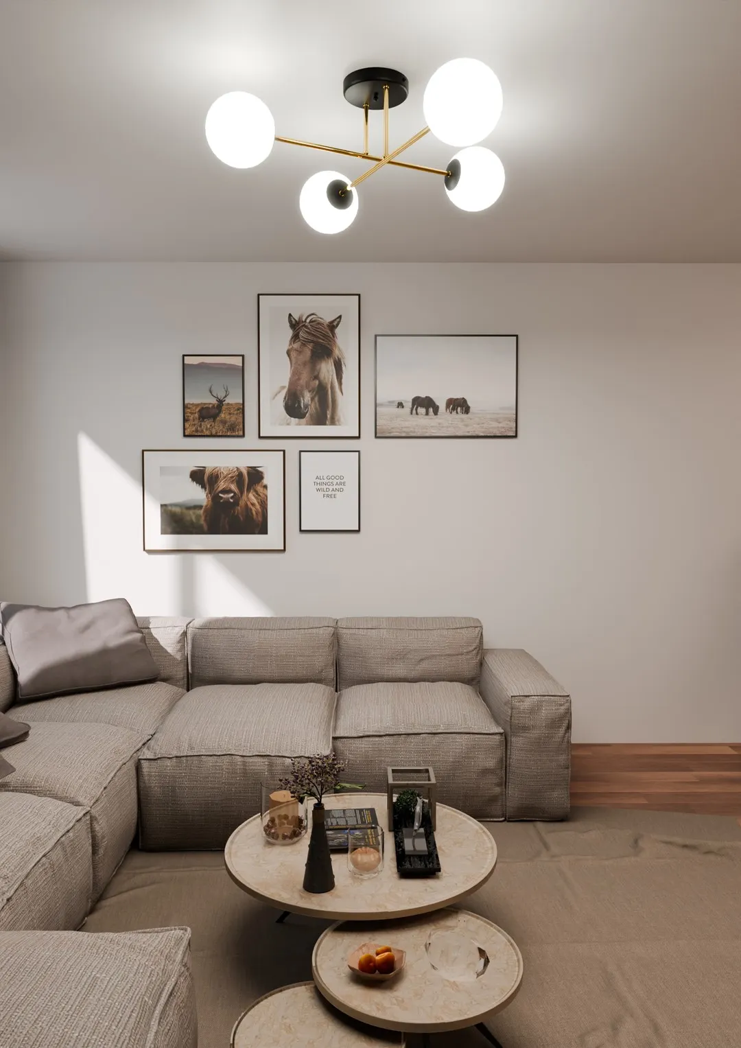 image sofa, living room, wall art, lamp, round coffee table
