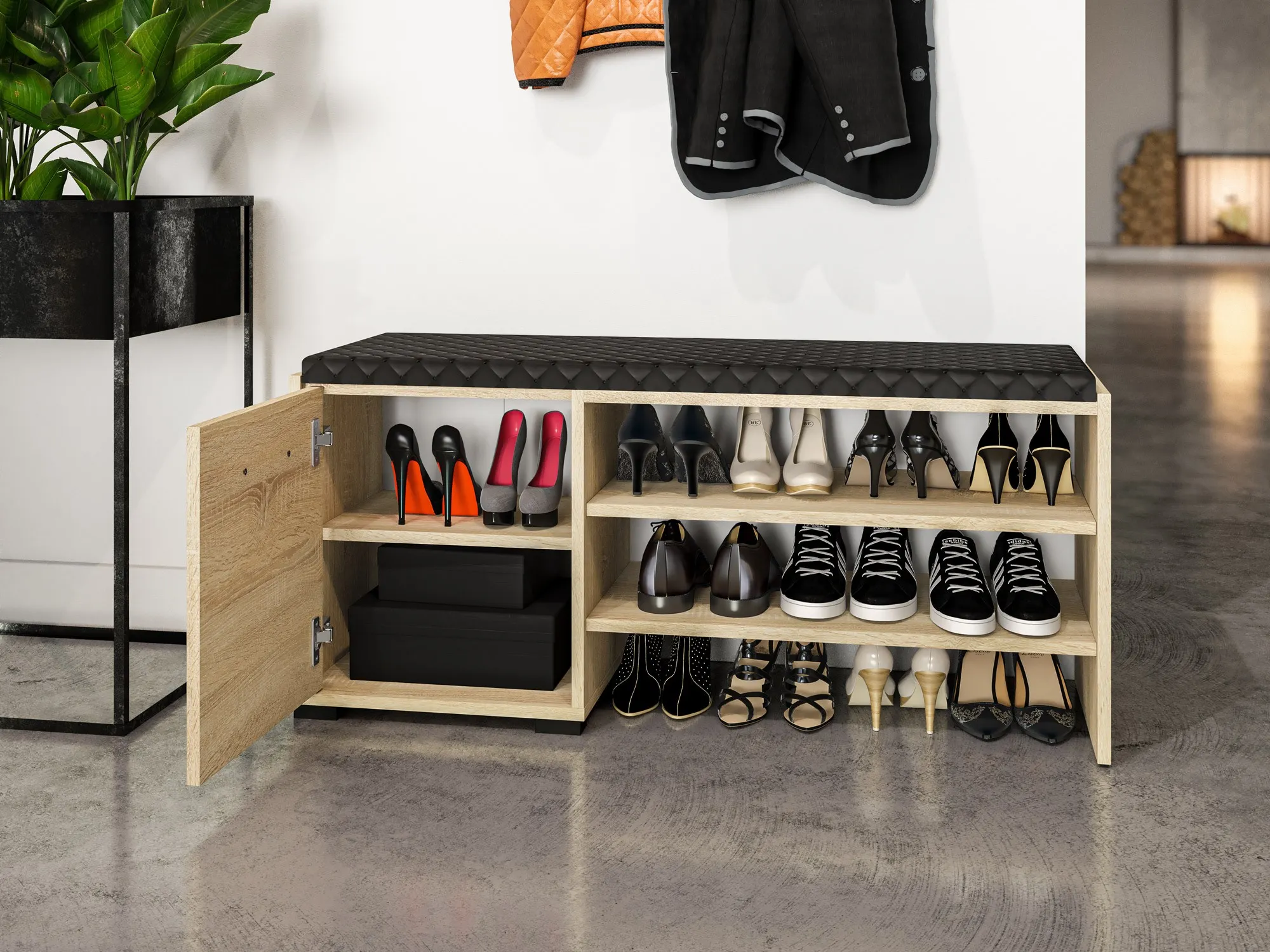 Szafka na buty 1-drzwiowa z tapicerowanym siedziskiem CARO 07 Sonoma jasna 48x105x34 - 1CARO07-001