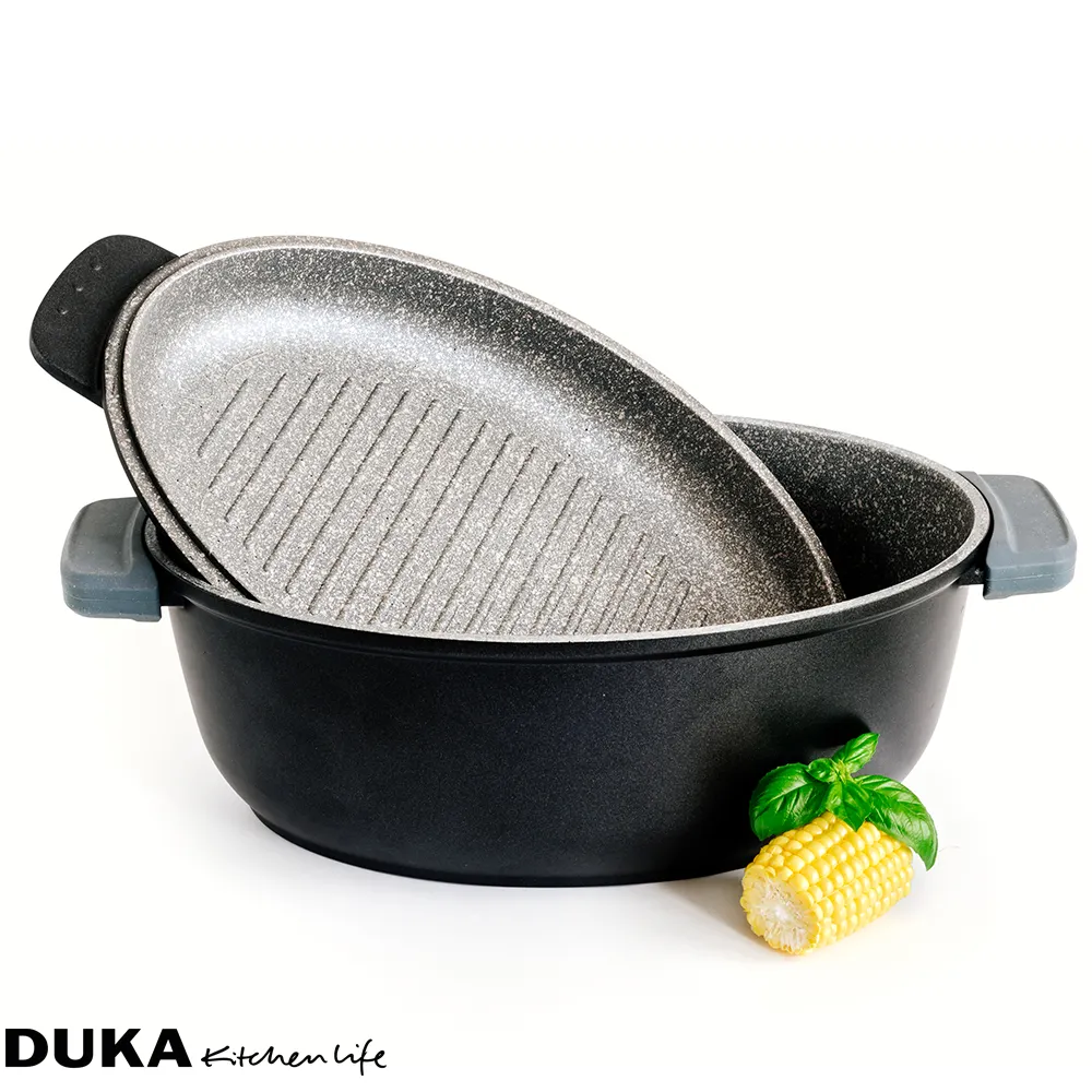 image garnek żeliwny, pokrywka, grillowa rynienka, dwukomorowy, non-stick powierzchnia