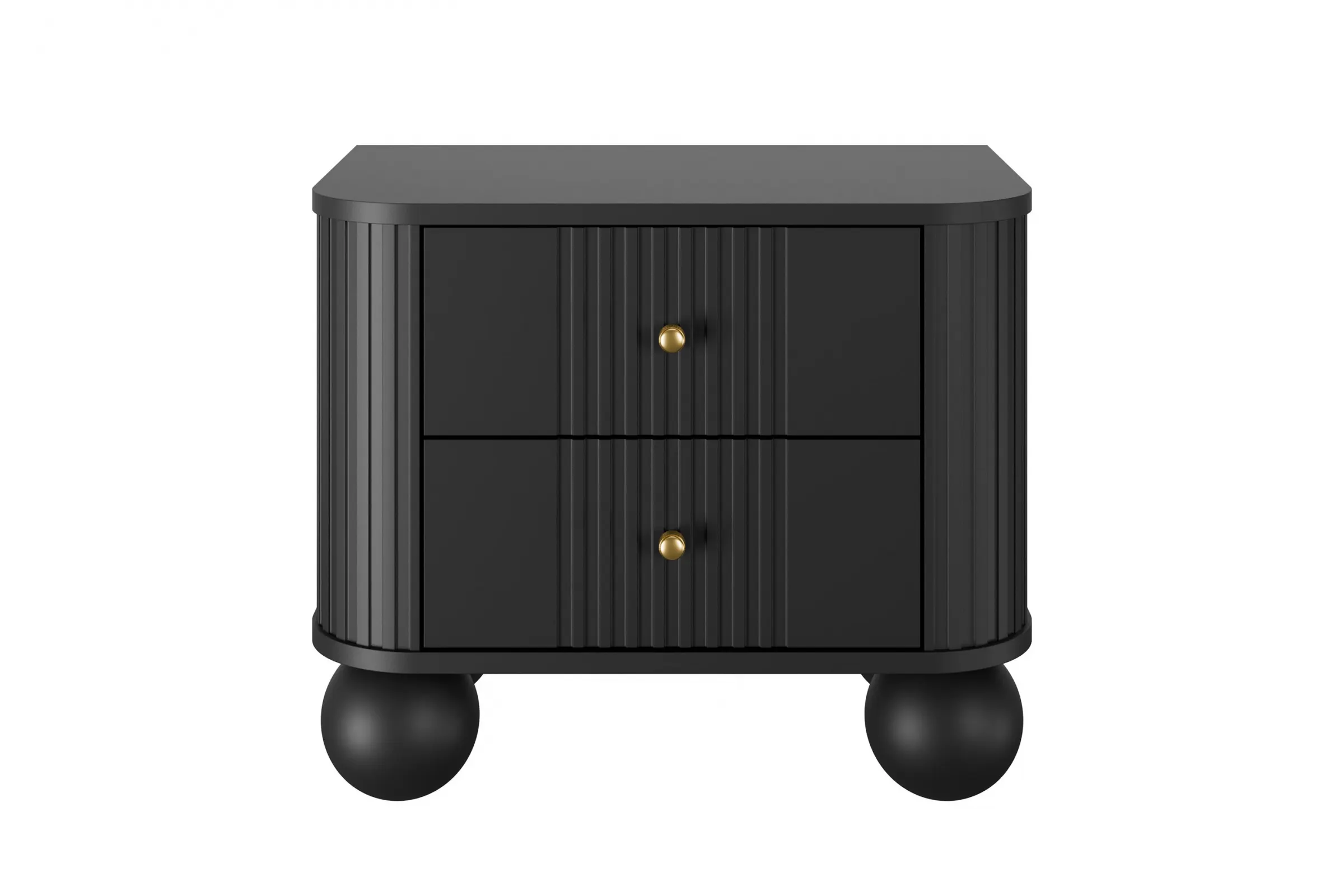 Szafka nocna z 2 szufladami VESPER 56 zestaw 2 sztuk ryflowany front czarny złote uchwyty nogi kule - B_163847