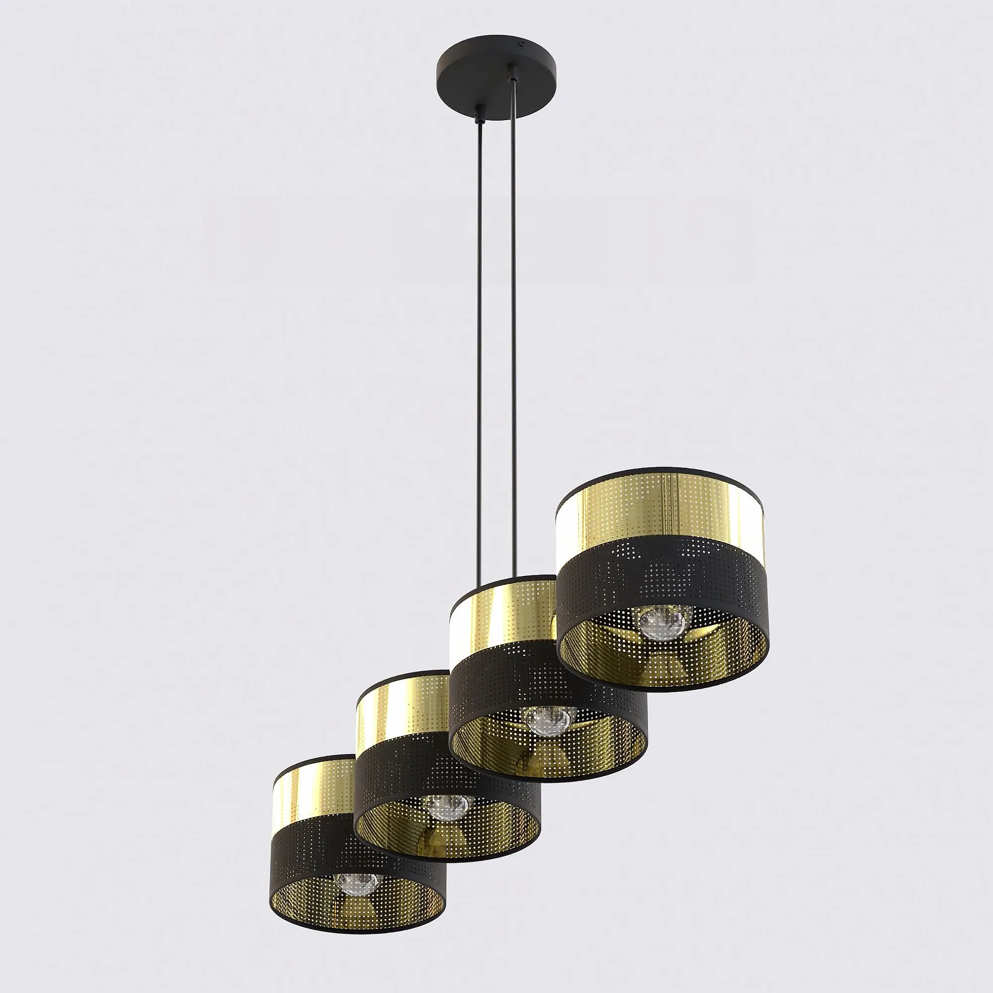 image lampa wisząca, lampa sufitowa, czarna konstrukcja, metaliczny złoty, cylindryczny abażur