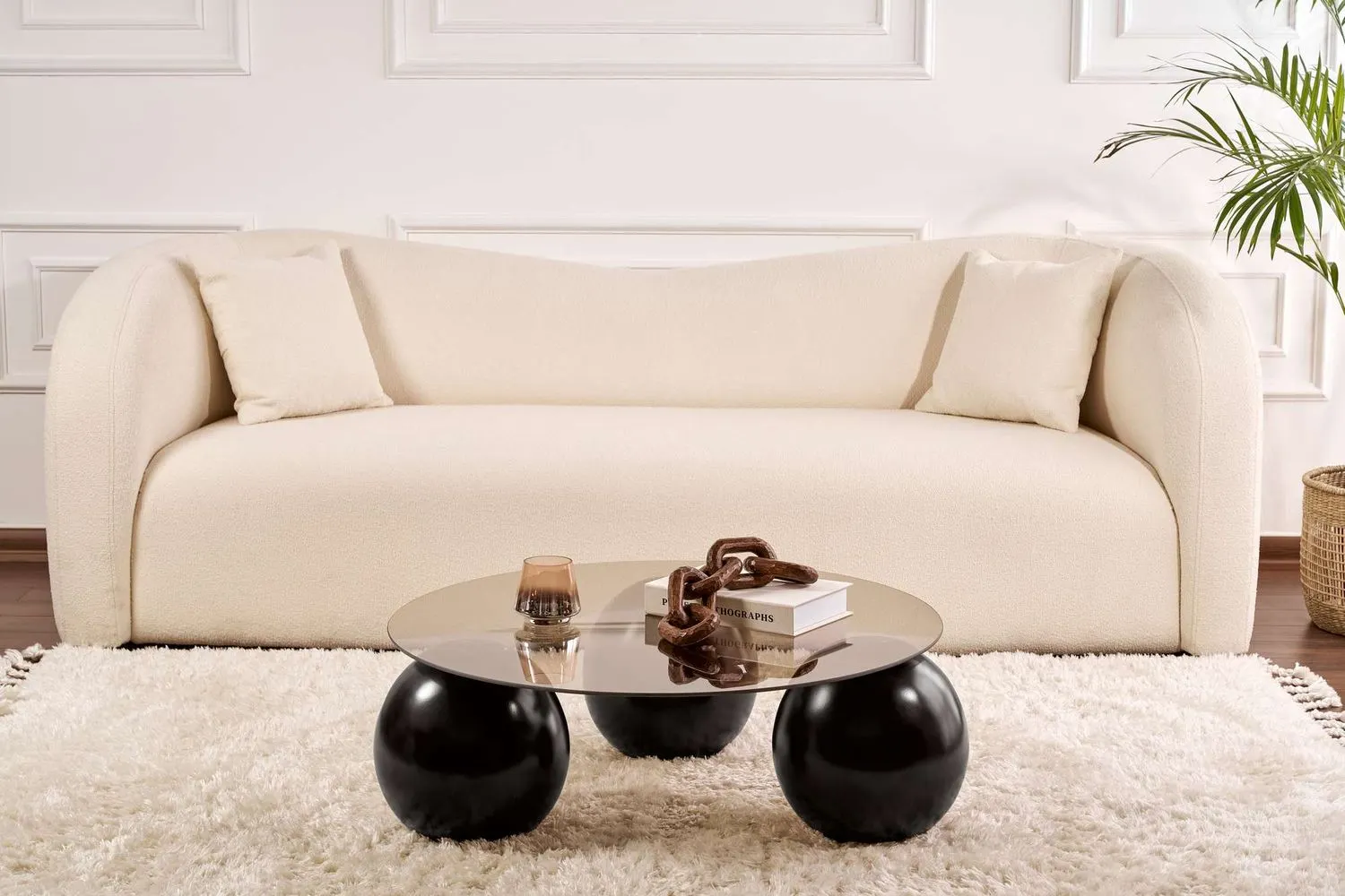 Stolik kawowy szklany okrągły MIRO 85 cm kuliste czarne nogi blat brązowy - ASI_857NRD1119