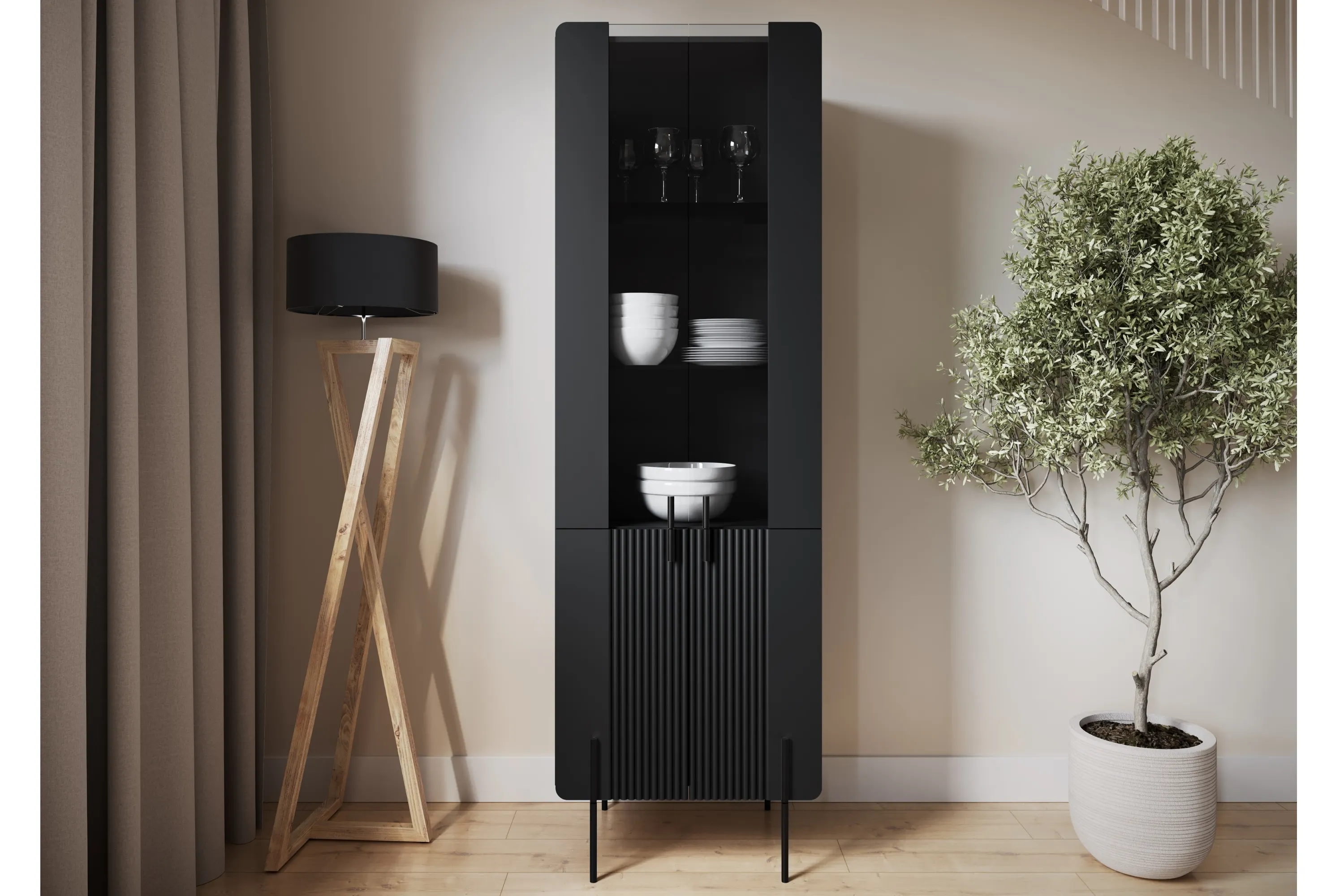 Witryna 4-drzwiowa MALMI 60cm - czarna - czarne nóżki - B_166965