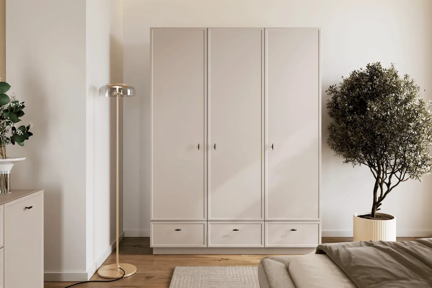 Szafa 3-drzwiowa z 3 szufladami LORINI 150 - cashmere T-bar czarny cokół - B_166716