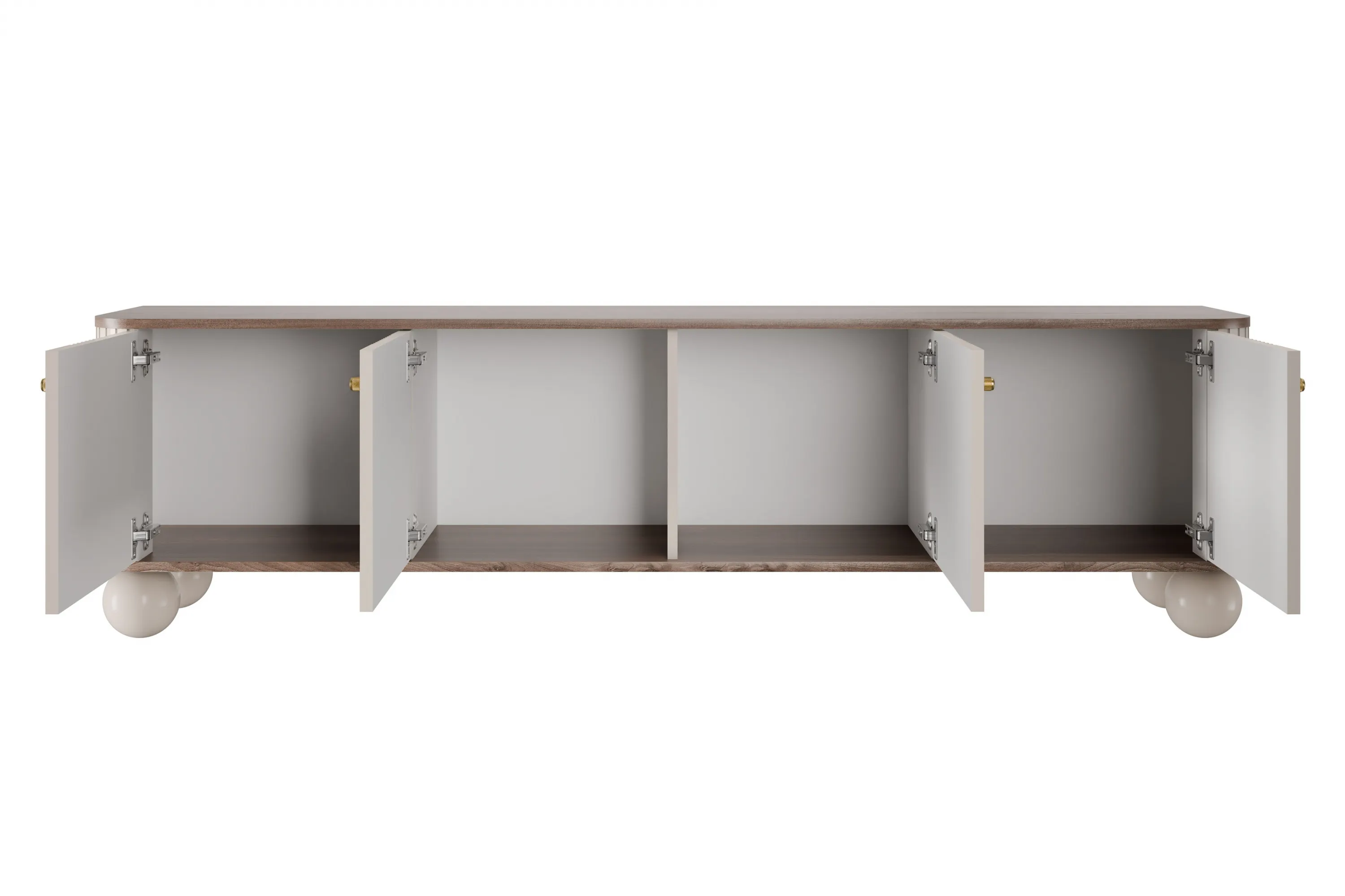 Szafka RTV 4-drzwiowa VESPER RTV 187 ryflowany front cashmere orzech złote uchwyty nogi kule - B_163744