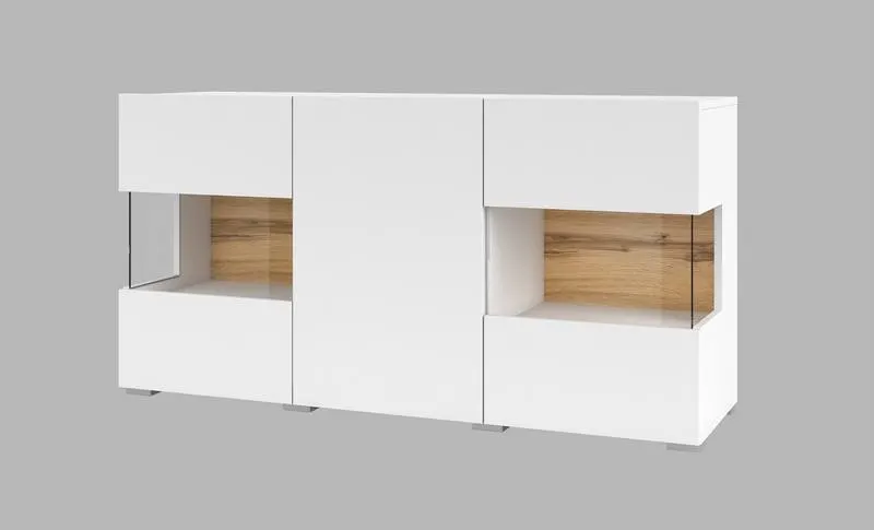 Komoda 3-drzwiowa szklana AVA stojąca/wisząca 120 cm biała dąb wotan Komoda 3-drzwiowa szklana AVA stojąca/wisząca 120 cm biała dąb wotan