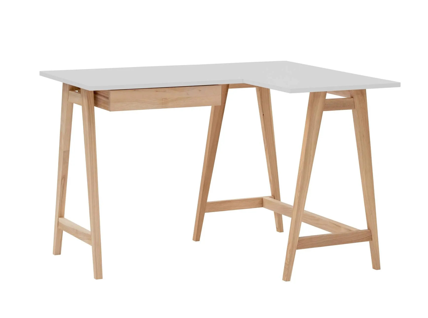 Biurko narożne z szufladą LUKA prawostronne 115x85 jasnoszary blat/drewniane nogi