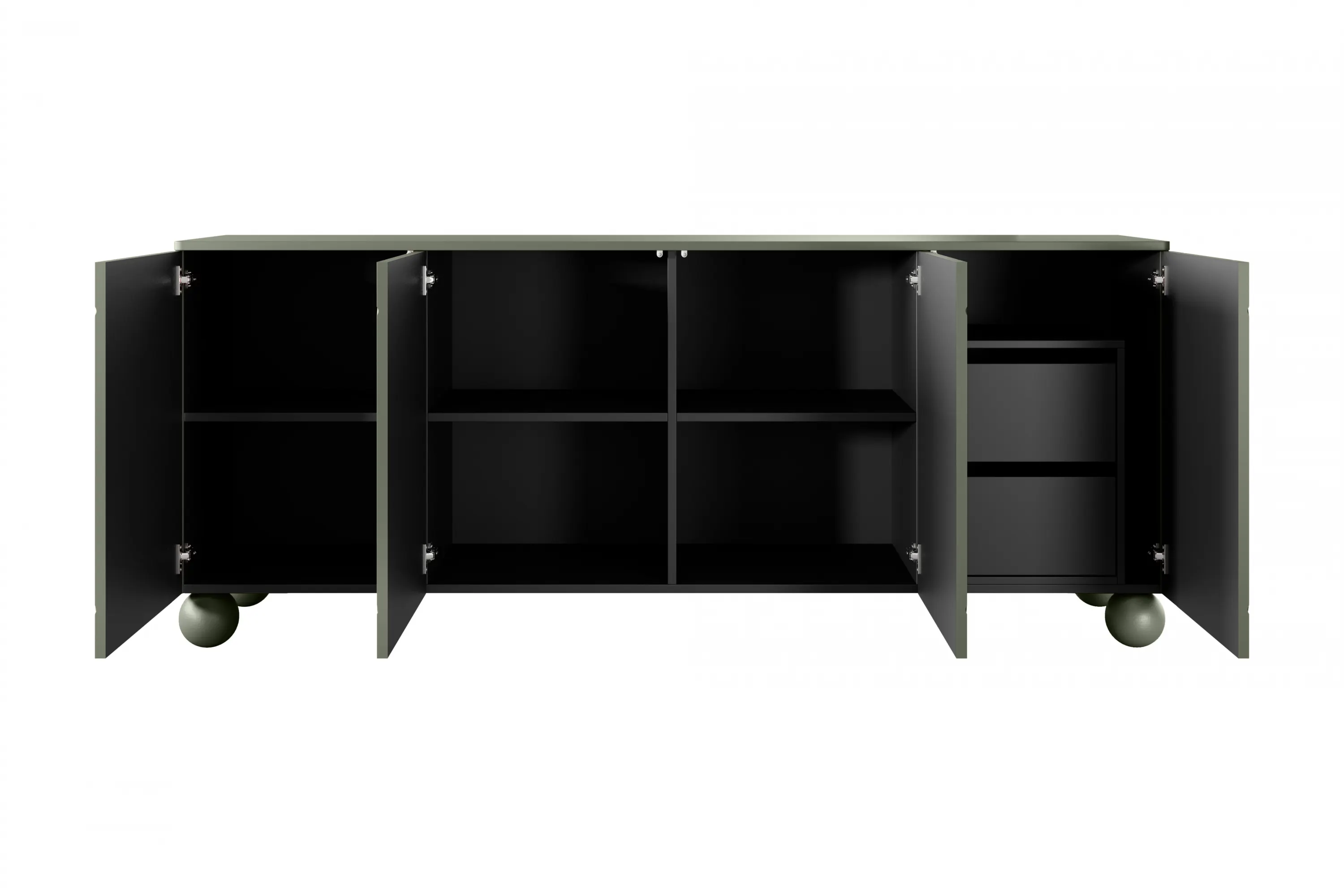 Komoda 4-drzwiowa z 2 szufladami SONATIA 200cm oliwka nogi kule - B_157162