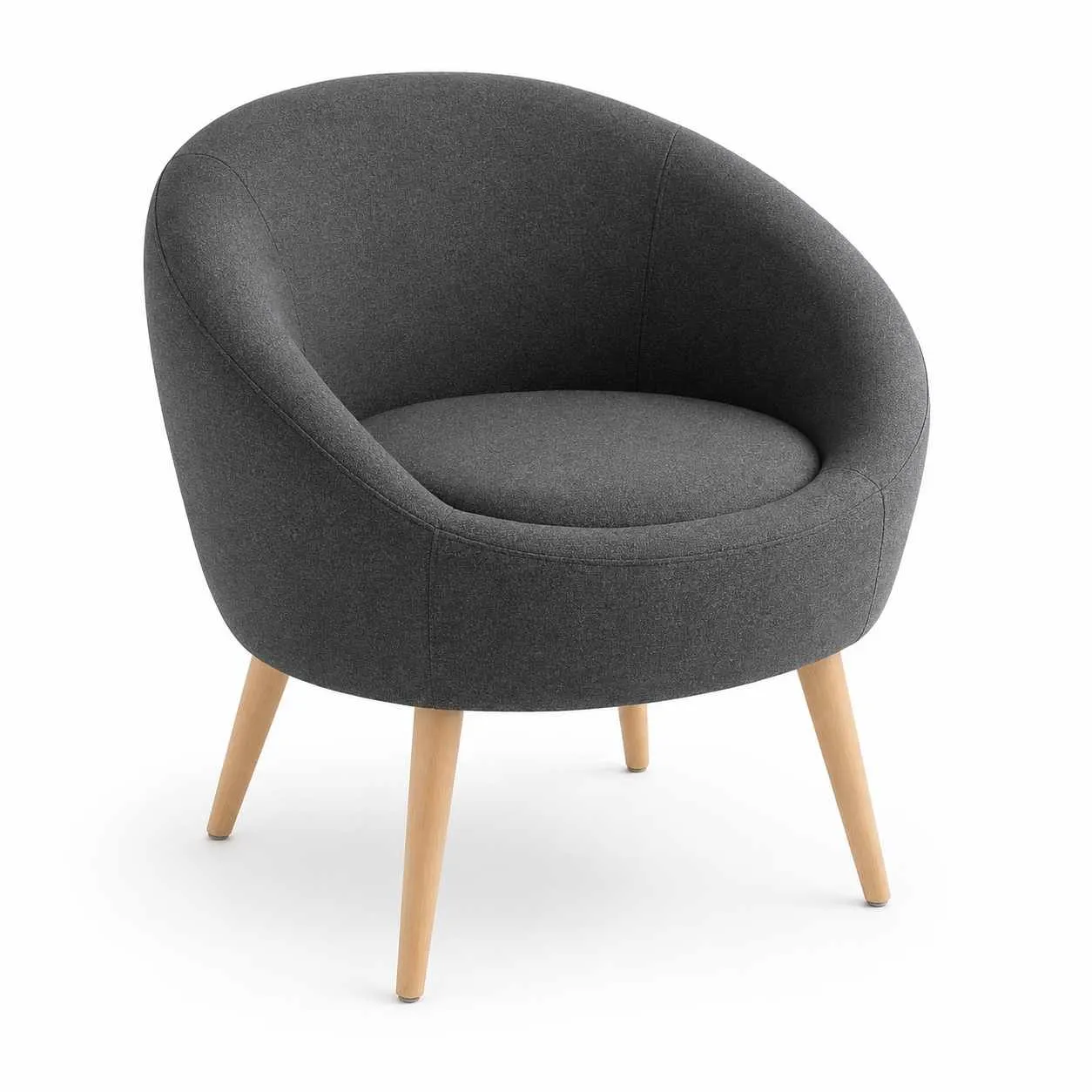 fotel, krzesło, okrągły design, szary materiał, drewniane nogi