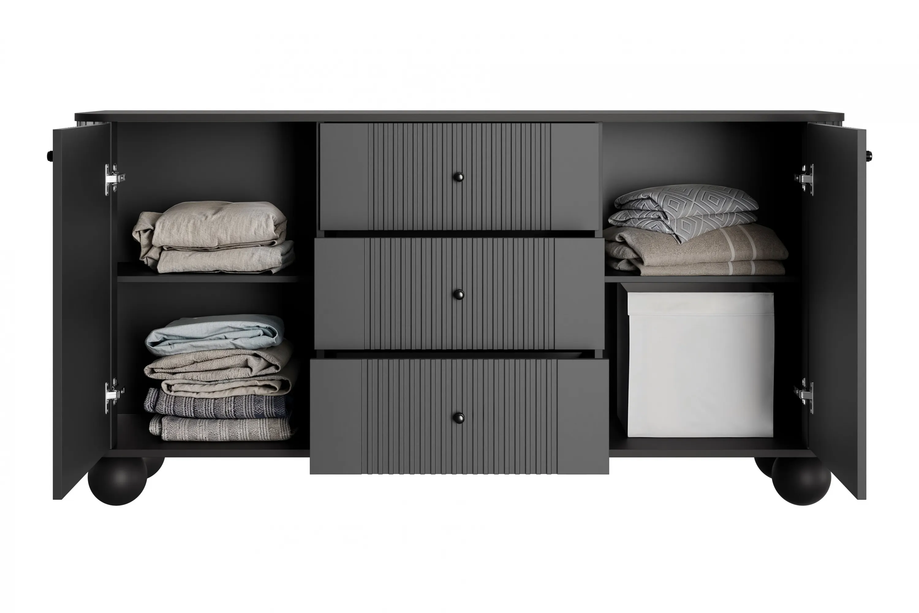 Komoda 2-drzwiowa z 3 szufladami VESPER 160 ryflowany front czarny nogi kule - B_163616