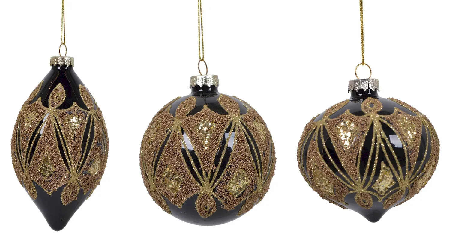 Bombki szklane 12 sztuk czarno-złote brokat