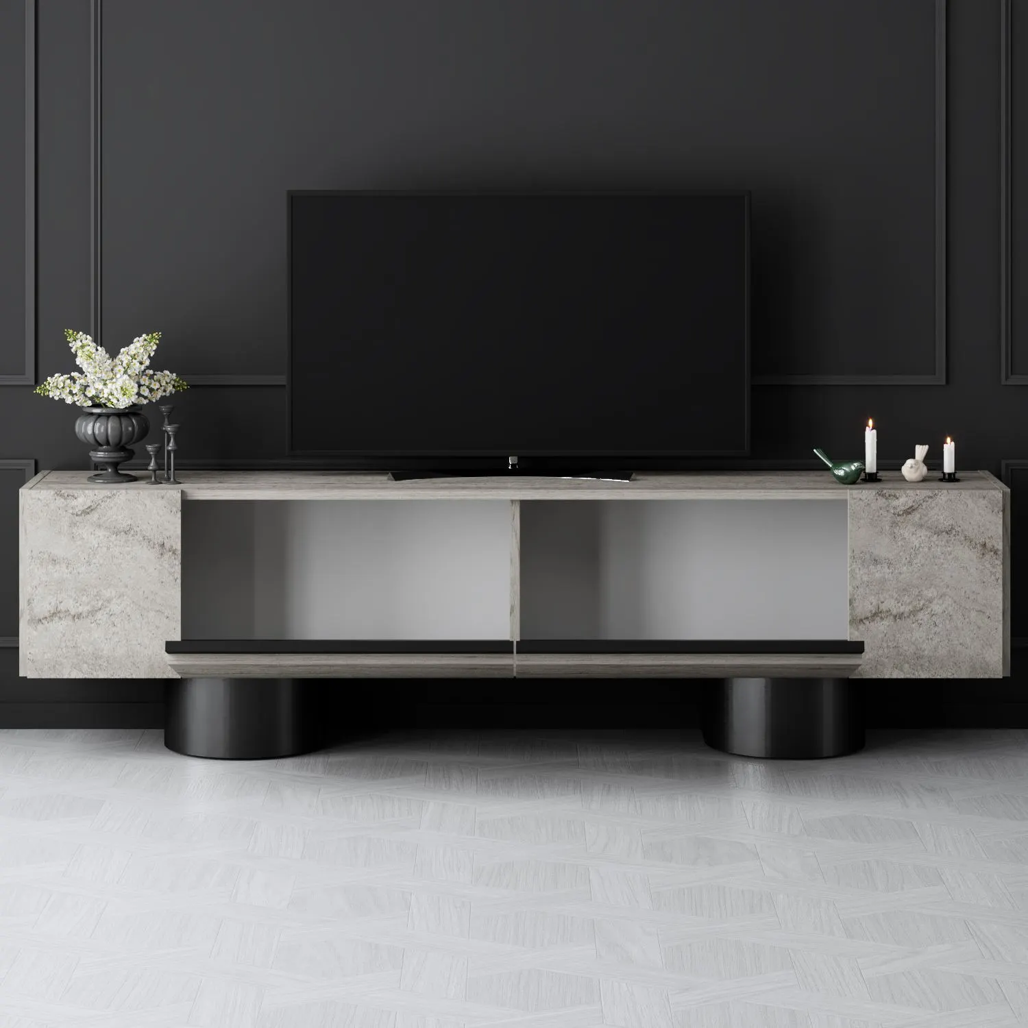 Szafka RTV z 2 klapami na blaszanych nogach BOHEM 180x50x30 cm trawertyn czarny stelaż — zdjęcie 5