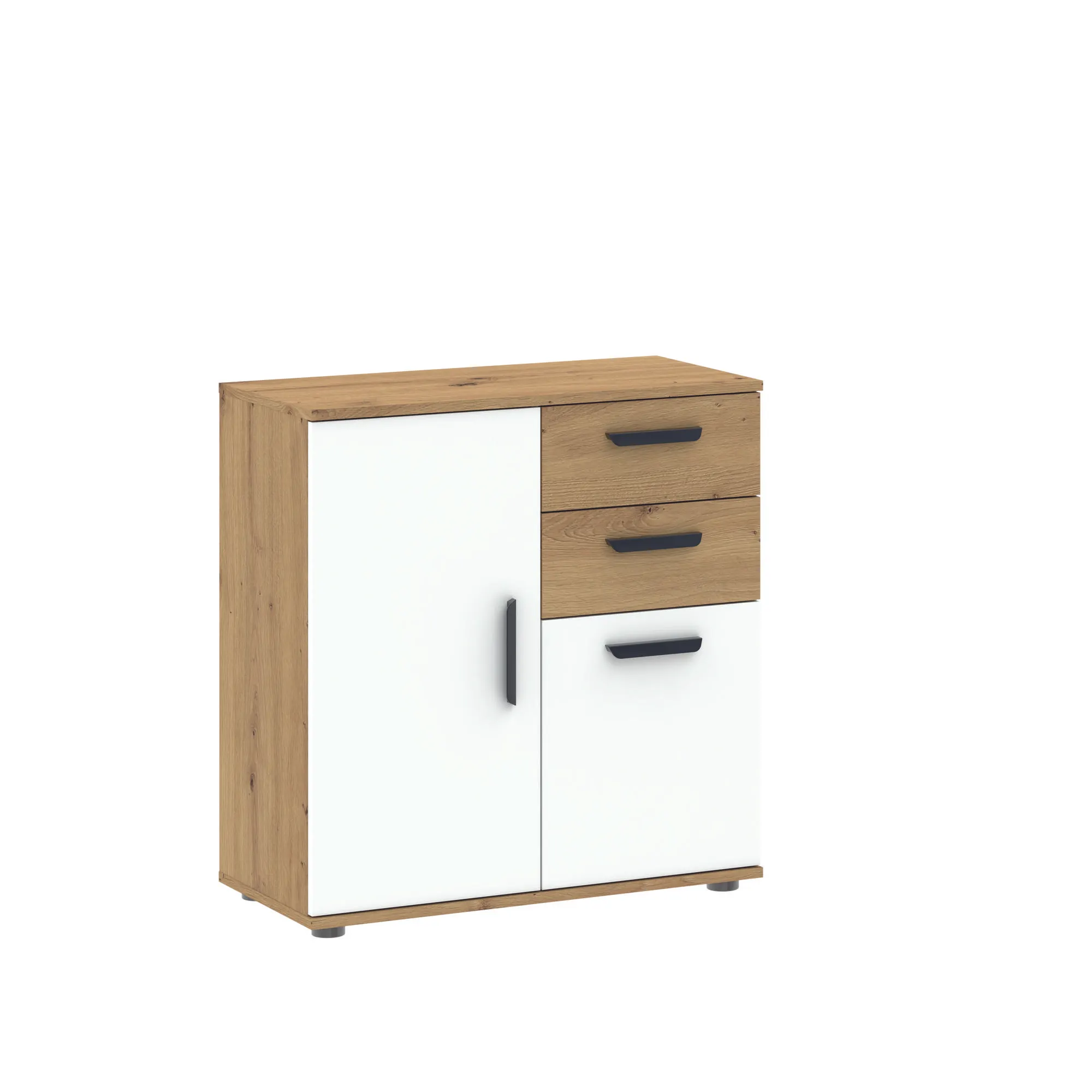 Komoda 2-drzwiowa z 2 szufladami BASIC TWO dąb artisan biały Meble, Szuflada, Gabinet, Kredens, Skrzynka pocztowa