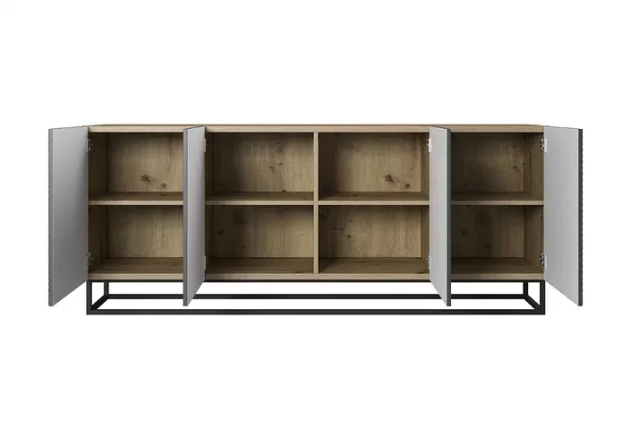 Komoda 4-drzwiowa ASHA 200 4D - szary - dąb artisan - czarny stelaż - ryflowany front