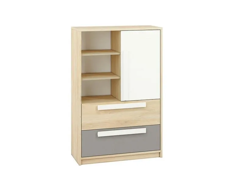 Komoda wysoka 1-drzwiowa z 2 szufladami DROP 07 buk fjord, biały, szary