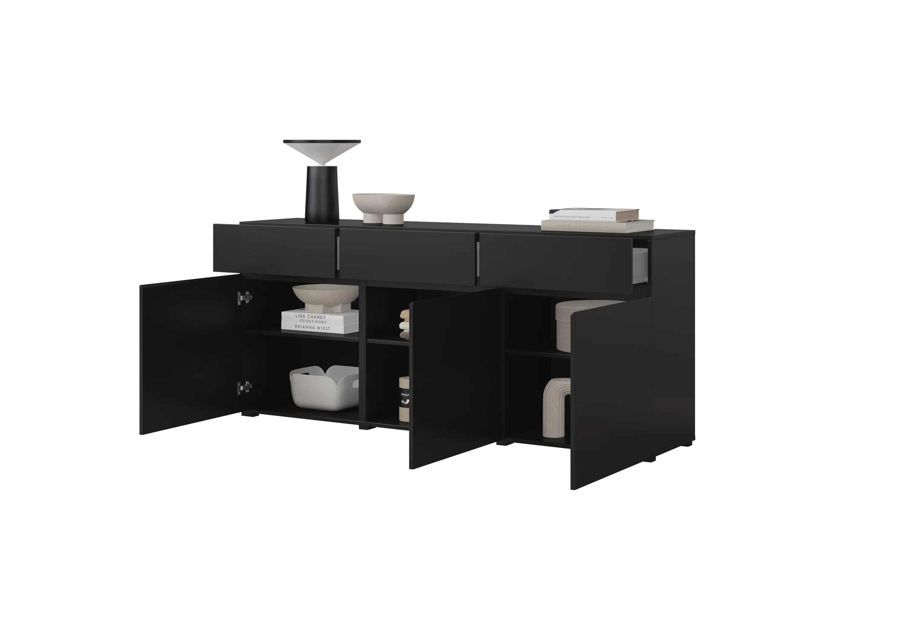 image kredowy kredens, szafka niska, meble czarne, szafka z półkami, minimalistyczny design