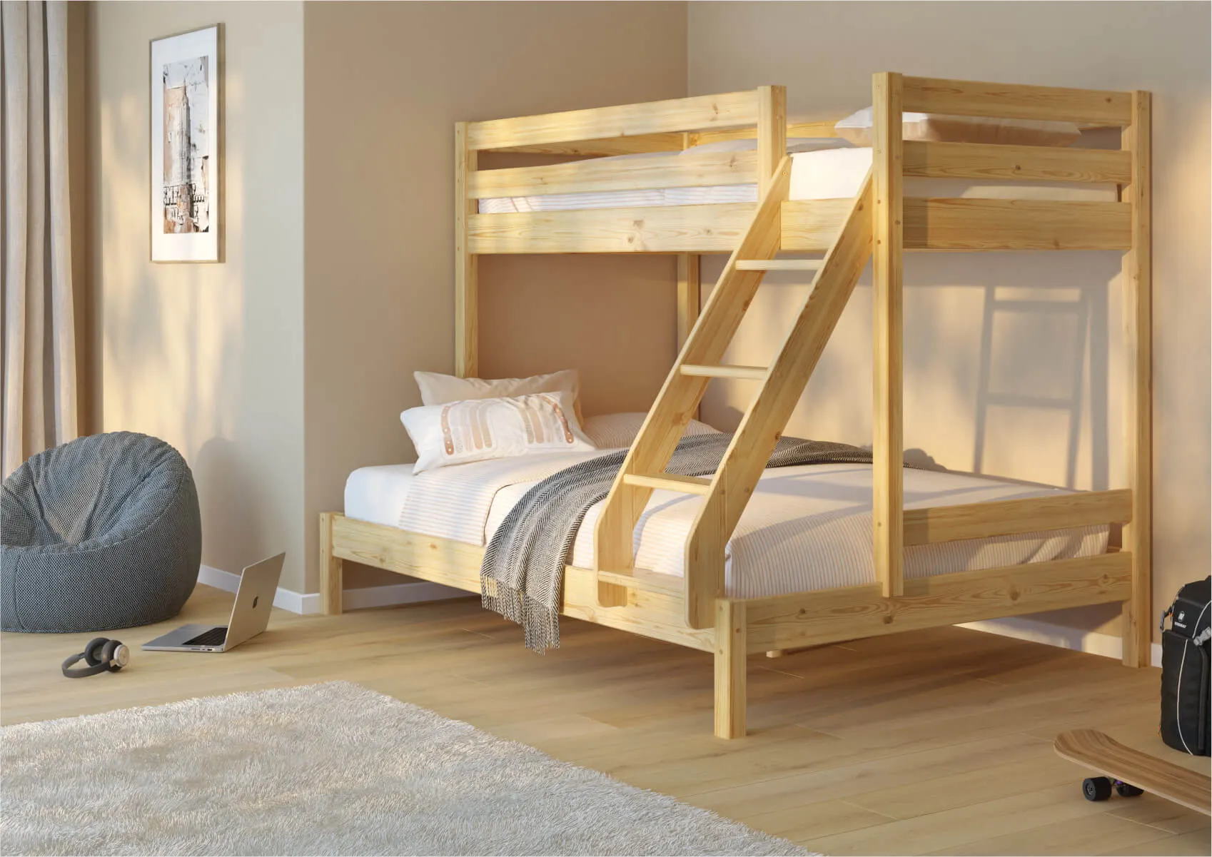 Łóżko piętrowe 3-osobowe TRIPLE naturalne - LPTRIPLESOS