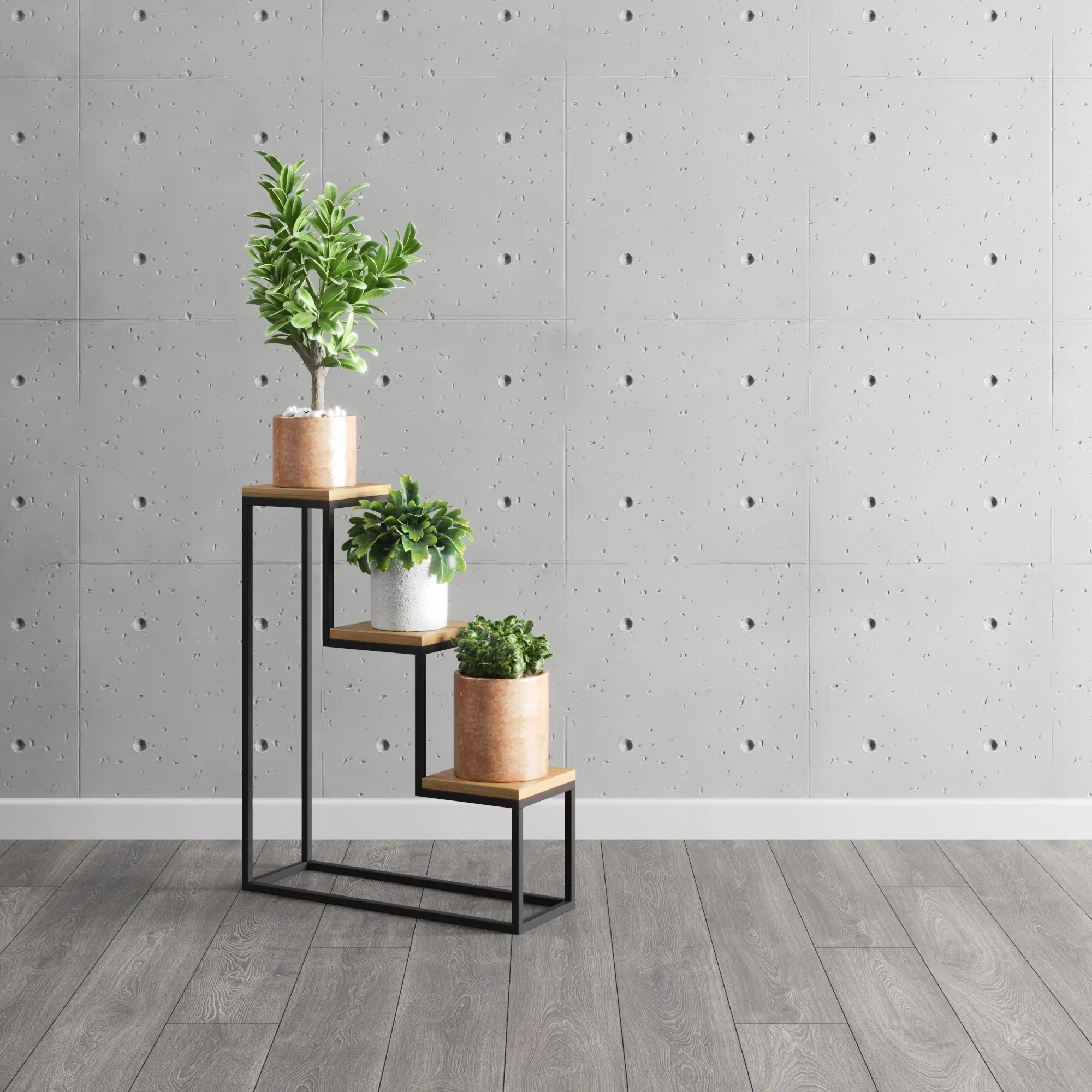 Kwietnik stojący 3-poziomowy NICEA L metal drewno czarny naturalny - LD_TZ000050