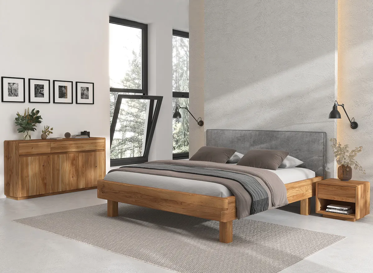 Łóżko dębowe z pikowanym zagłówkiem LIVO Dębowy Sen 160x200 dąb olejowany grafitowy - ZILIV_160