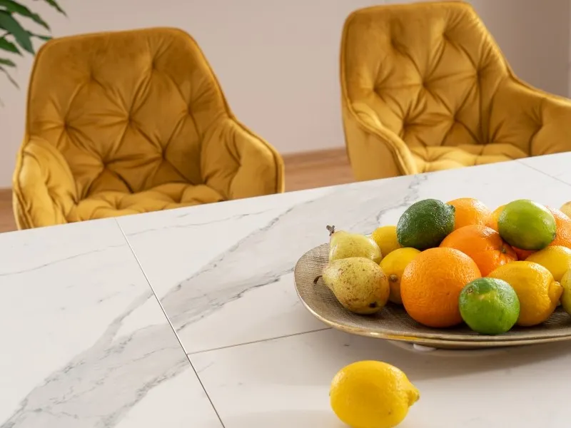 Stół rozkładany ARMANI CERAMIC 90x160(220) efekt białego marmuru stelaż szary MDF+ stal szczotkowana - ARMANIBC160