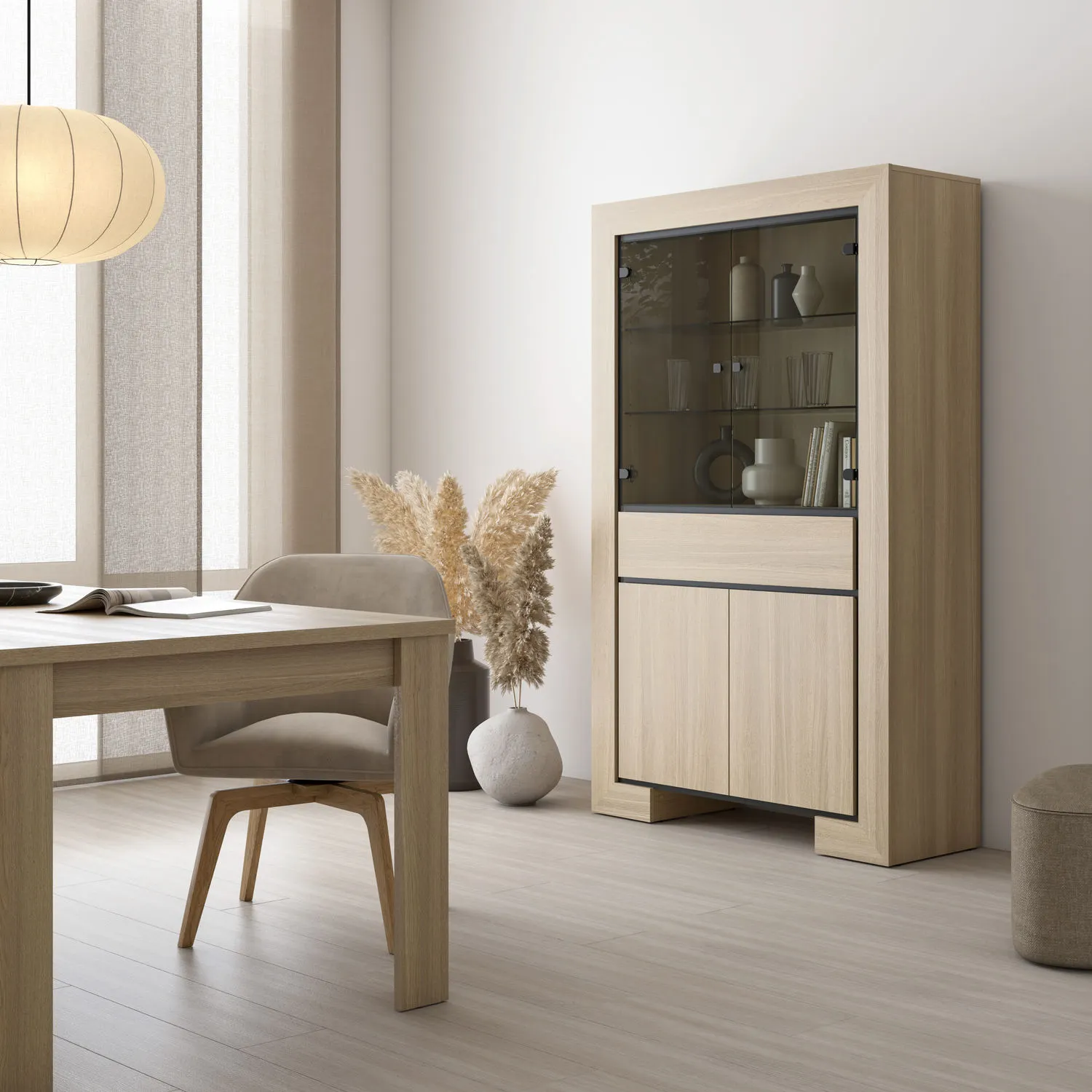 Witryna 4-drzwiowa z szufladą szklana CUBA II 113x185 dąb samdal - 24DEOC13