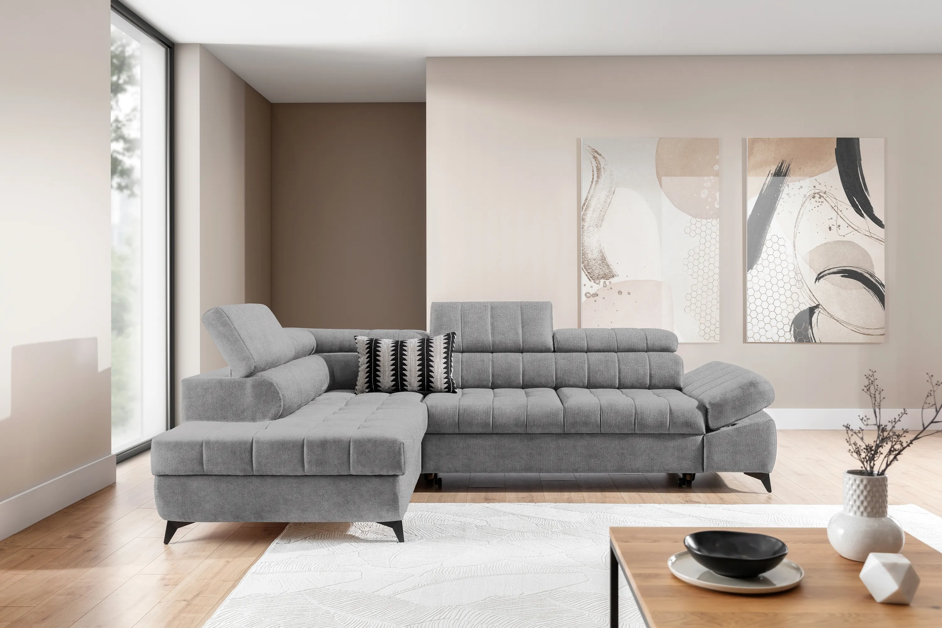 Narożnik lewostronny VALORIS L regulowane zagłówki i podłokietniki tkanina Perfect Harmony 80 jasnoszary - B_162926