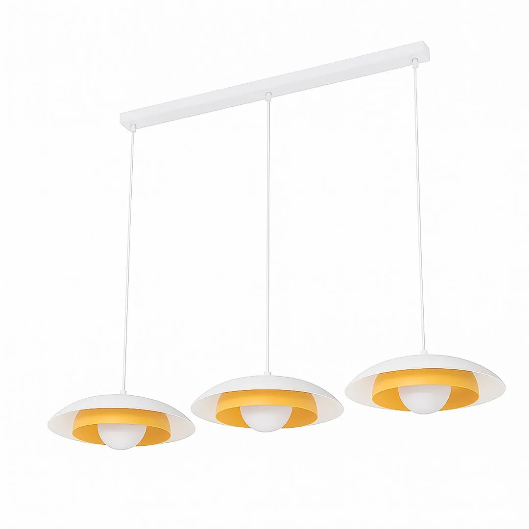 lampu wiszącego, trzy zawiesia, kolor żółty, osłony białe, design nowoczesny