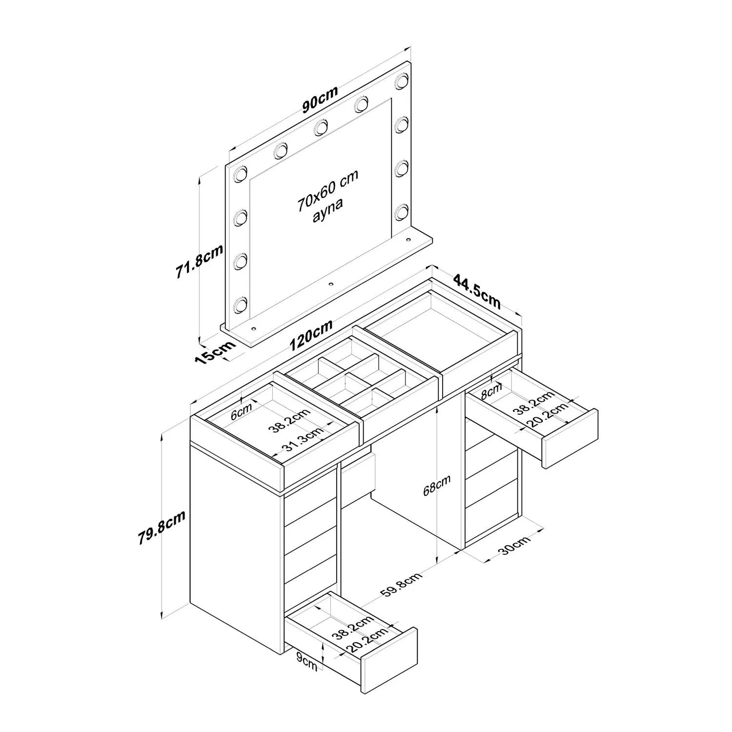 Toaletka z podświetlanym lustrem i szufladami BJ 118 transparentny blat biała - ASI_893RAN5415
