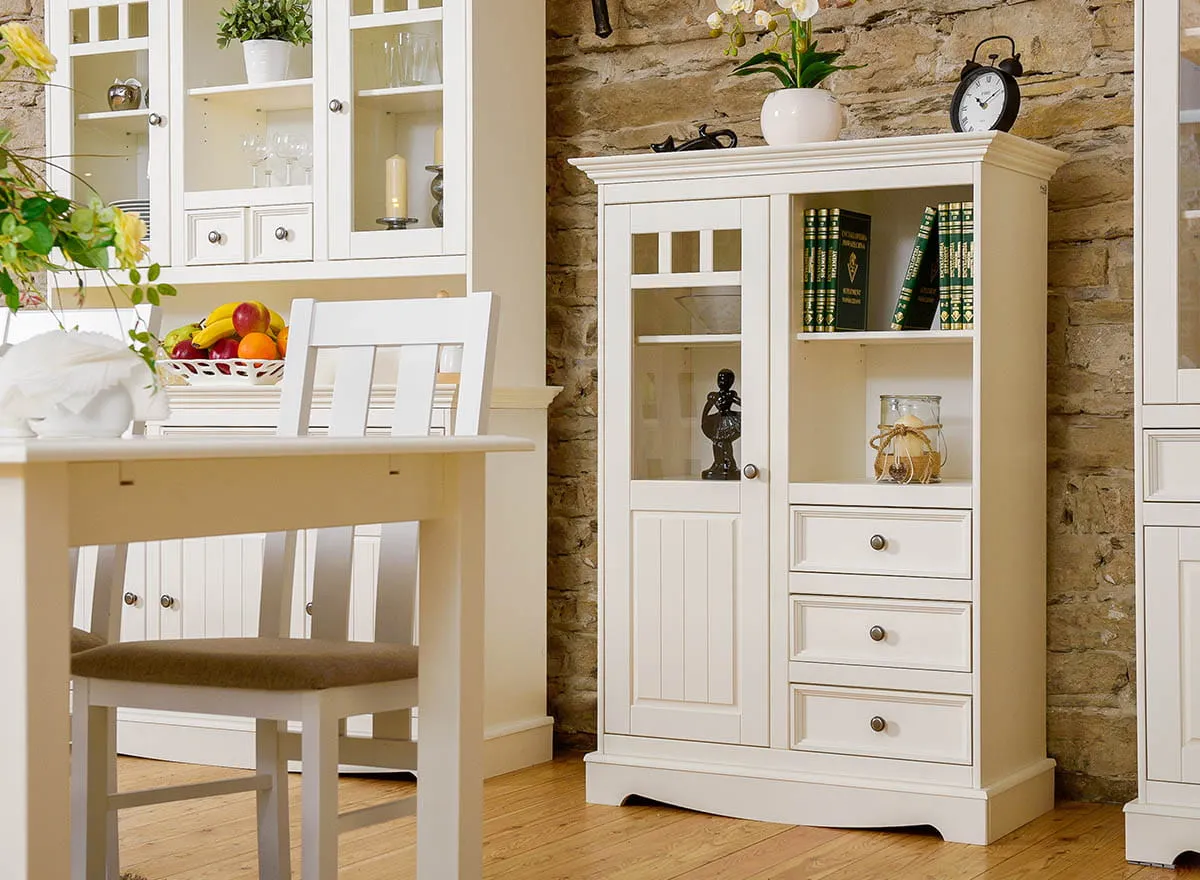 Witryna niska BELLUNO ELEGANTE 1-drzwiowa z 3 szufladami - biała - PL017B