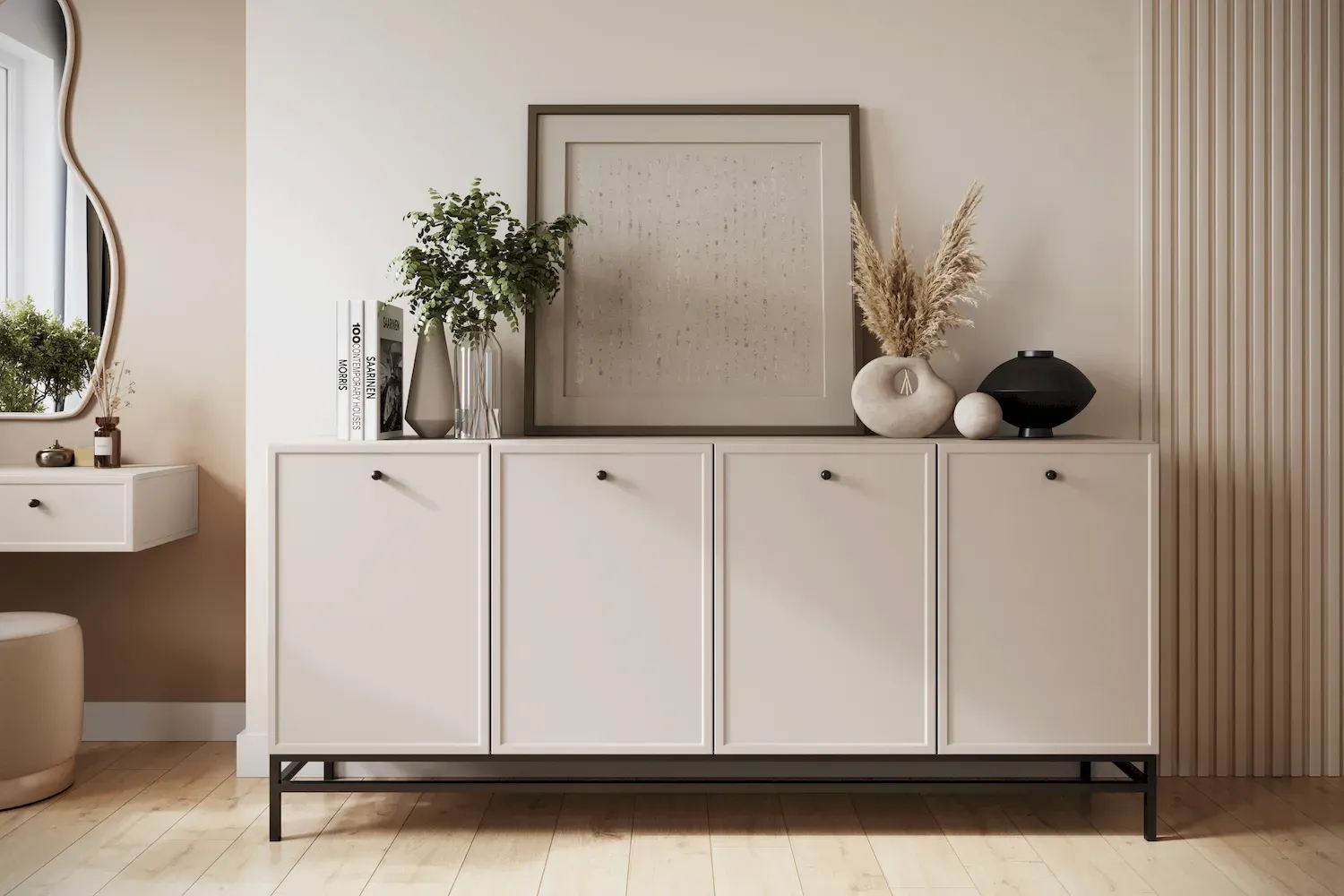 Komoda 4-drzwoiowa LORINI 200 - cashmere gałka czarna stelaż czarny