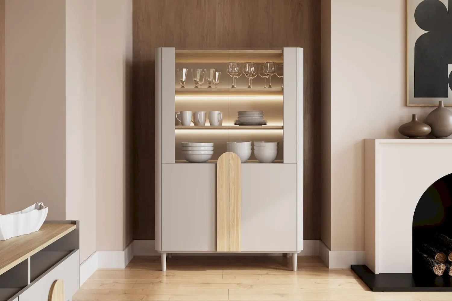 Witryna 2-drzwiowa AMILIO 100 oświetlenie LED - cashmere / dąb olejowany uchwyty dąb jasny nogi cashmere - B_169212