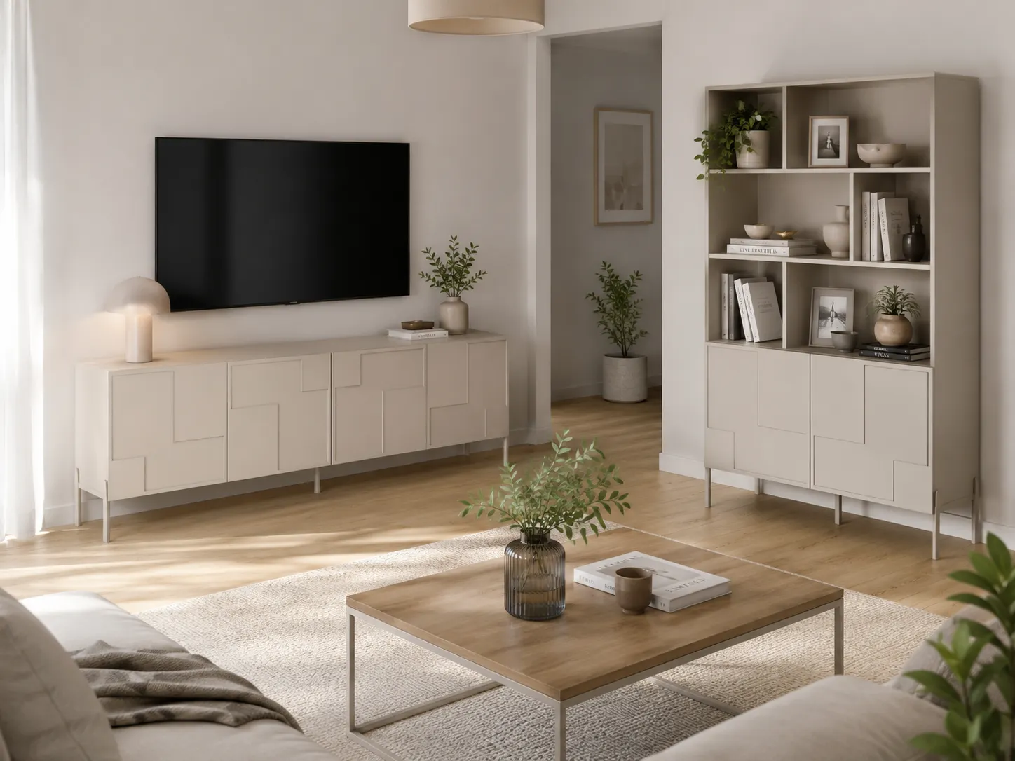 image konsola, telewizor, szafka, regał, wnętrze-salon