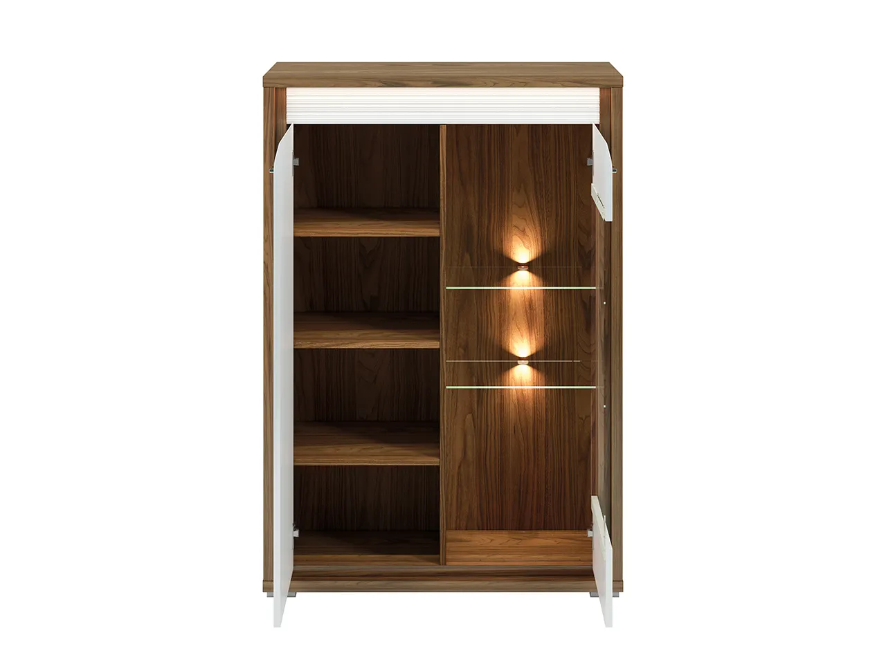 Witryna niska 2-drzwiowa DALLAS 06 z oświetleniem biały połysk, orzech - 1DALL0601-001