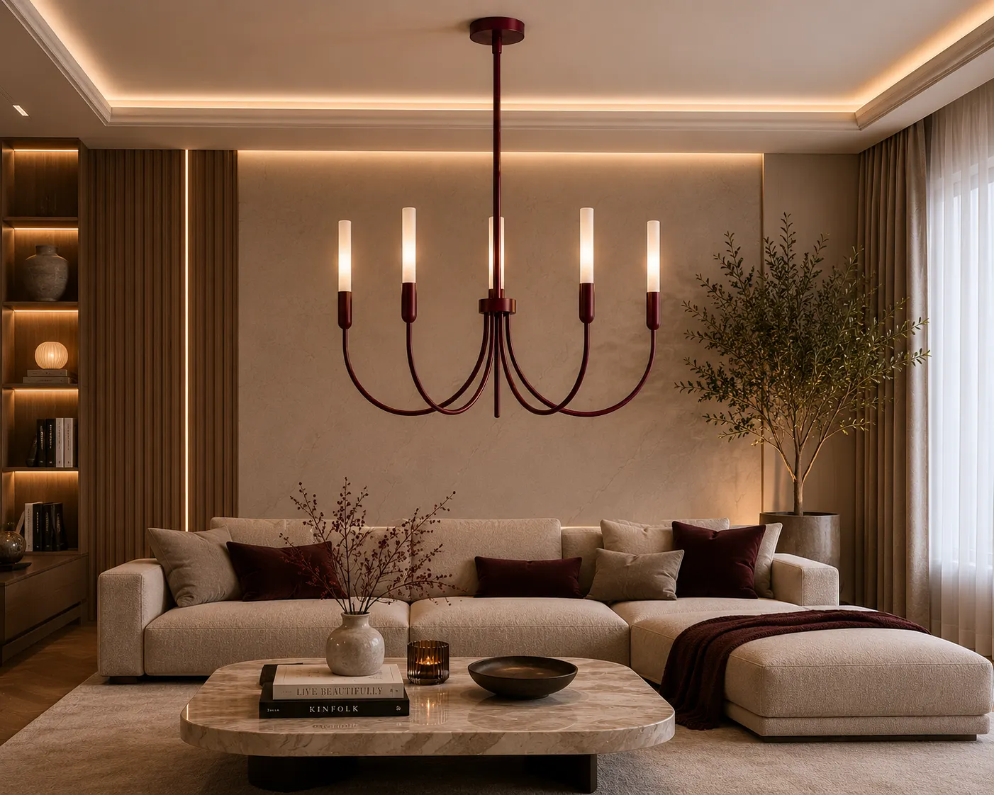 image lampa wisząca, kinkiet, modern chandelier, sypialnia, kolor burgundowy
