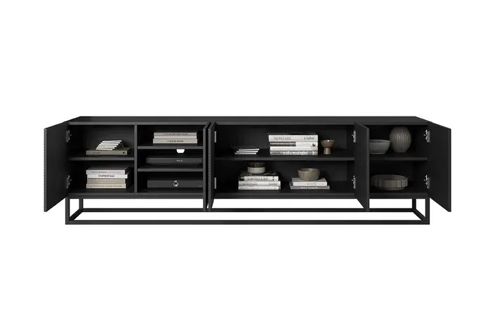 Szafka RTV ASHA 200 5D - czarny mat - dąb artisan - ryflowany front - stelaż czarny — zdjęcie 4