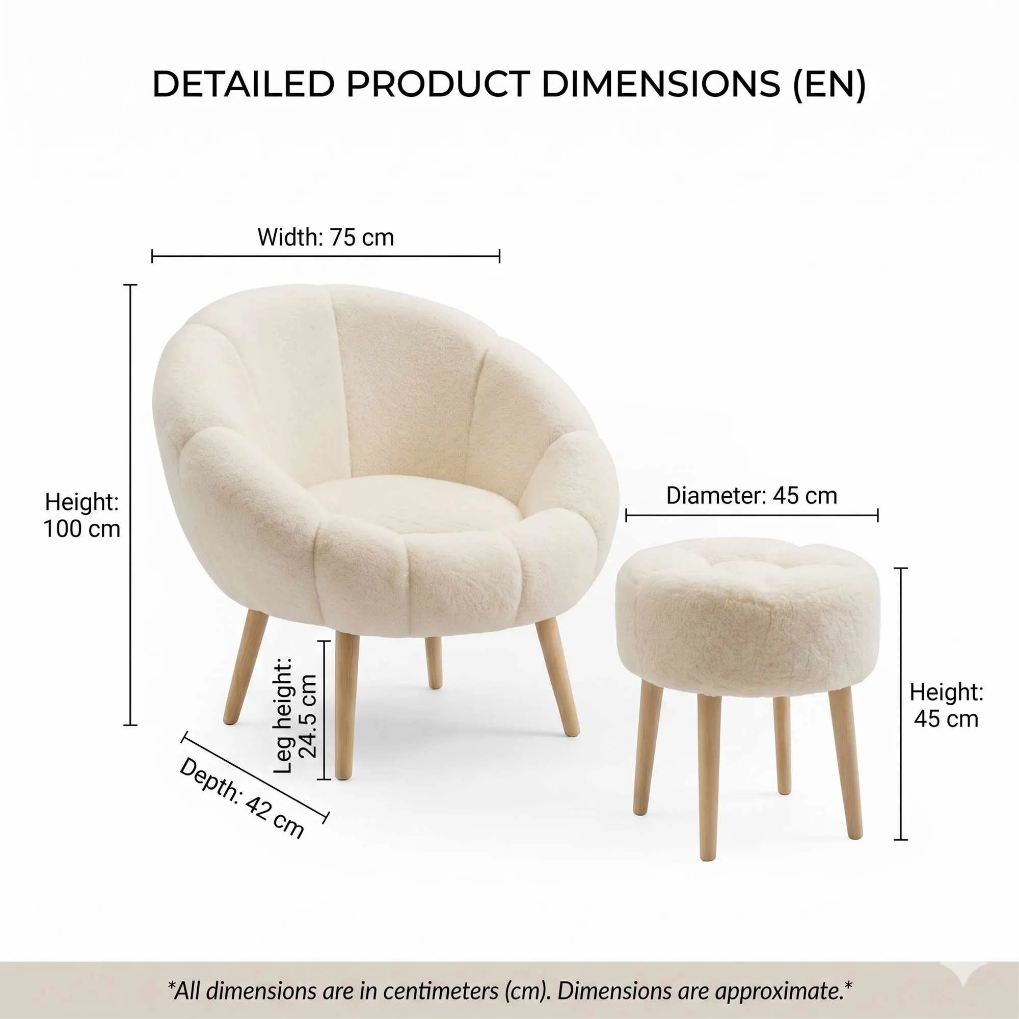 image faux fur, round chair, ottoman, beige, wood legs