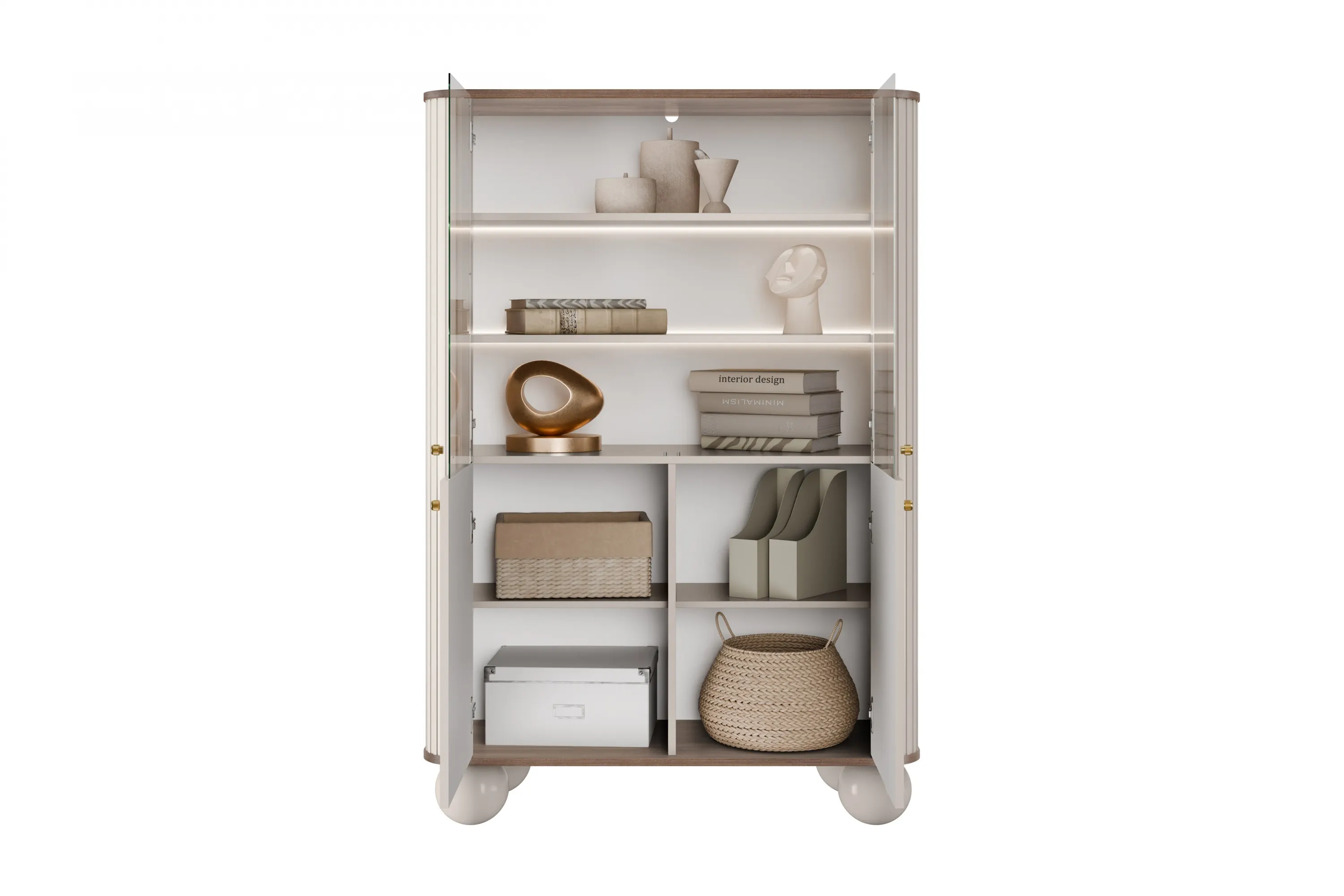 Witryna 4-drzwiowa z oświetleniem VESPER 103 ryflowany front cashmere orzech złote uchwyty nogi kule - B_167225