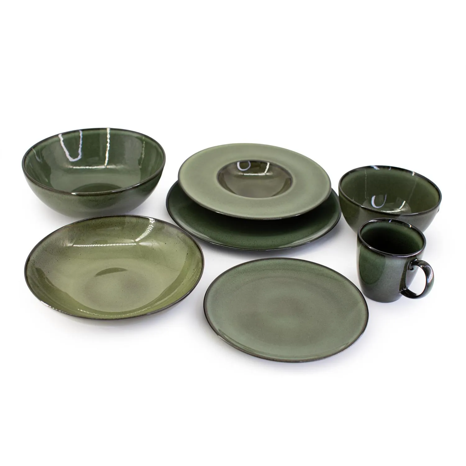 image zielony, porcelanowy, zestaw talerzy, misy, kubek