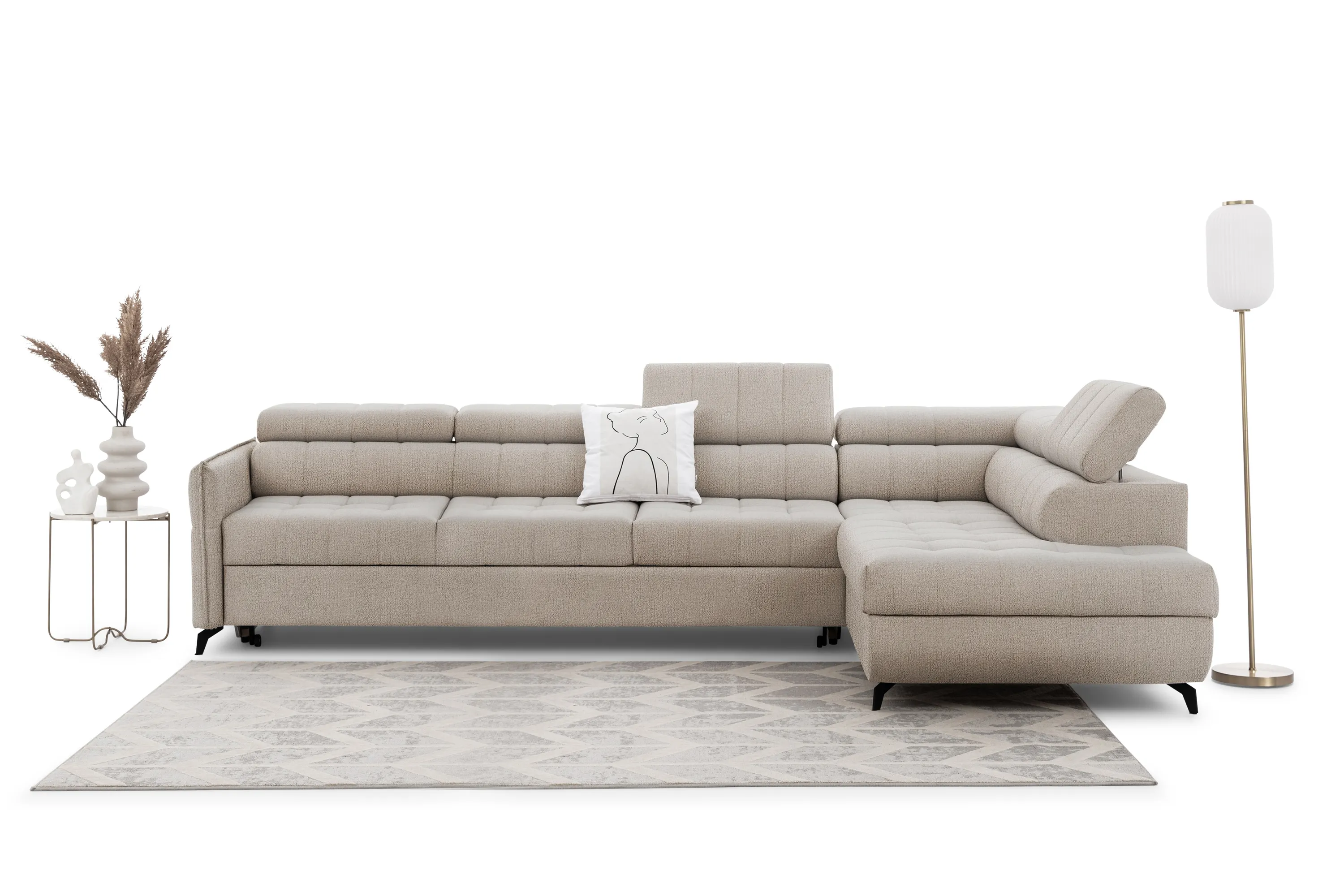 Narożnik prawostronny ELARIAS MAXI regulacja zagłówka i podłokietników tkanina Perfect harmony 07 beżowy - B_168604