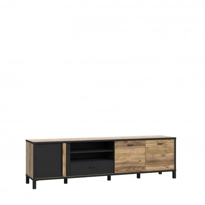 Szafka RTV 3-drzwiowa z szufladą HAYATO świerk alpejski/czarny Szafka RTV 3-drzwiowa z szufladą HAYATO świerk alpejski/czarny