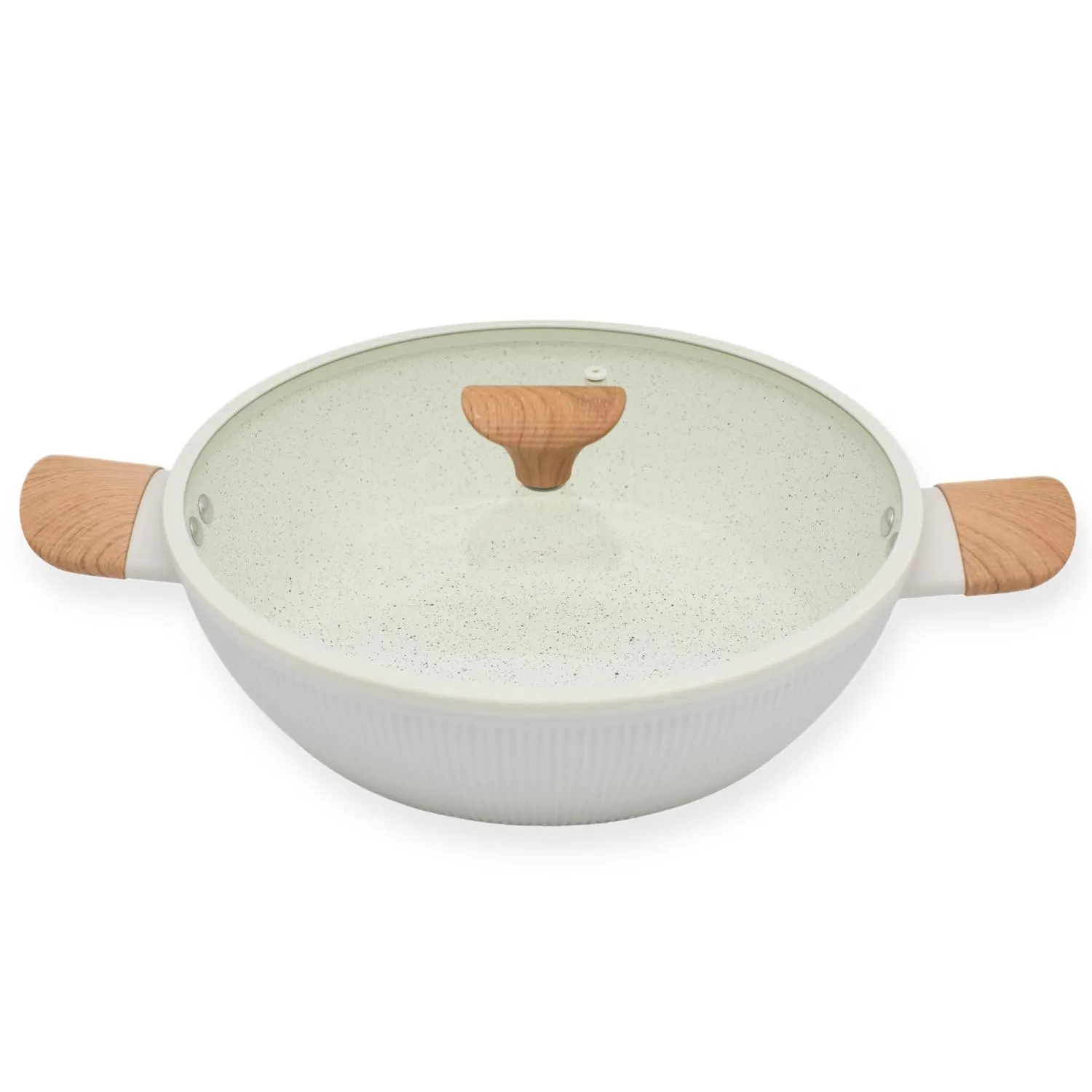 naczynie żeliwne, patelnia, powłoka ceramiczna, przykrywka, drewniane uchwyty