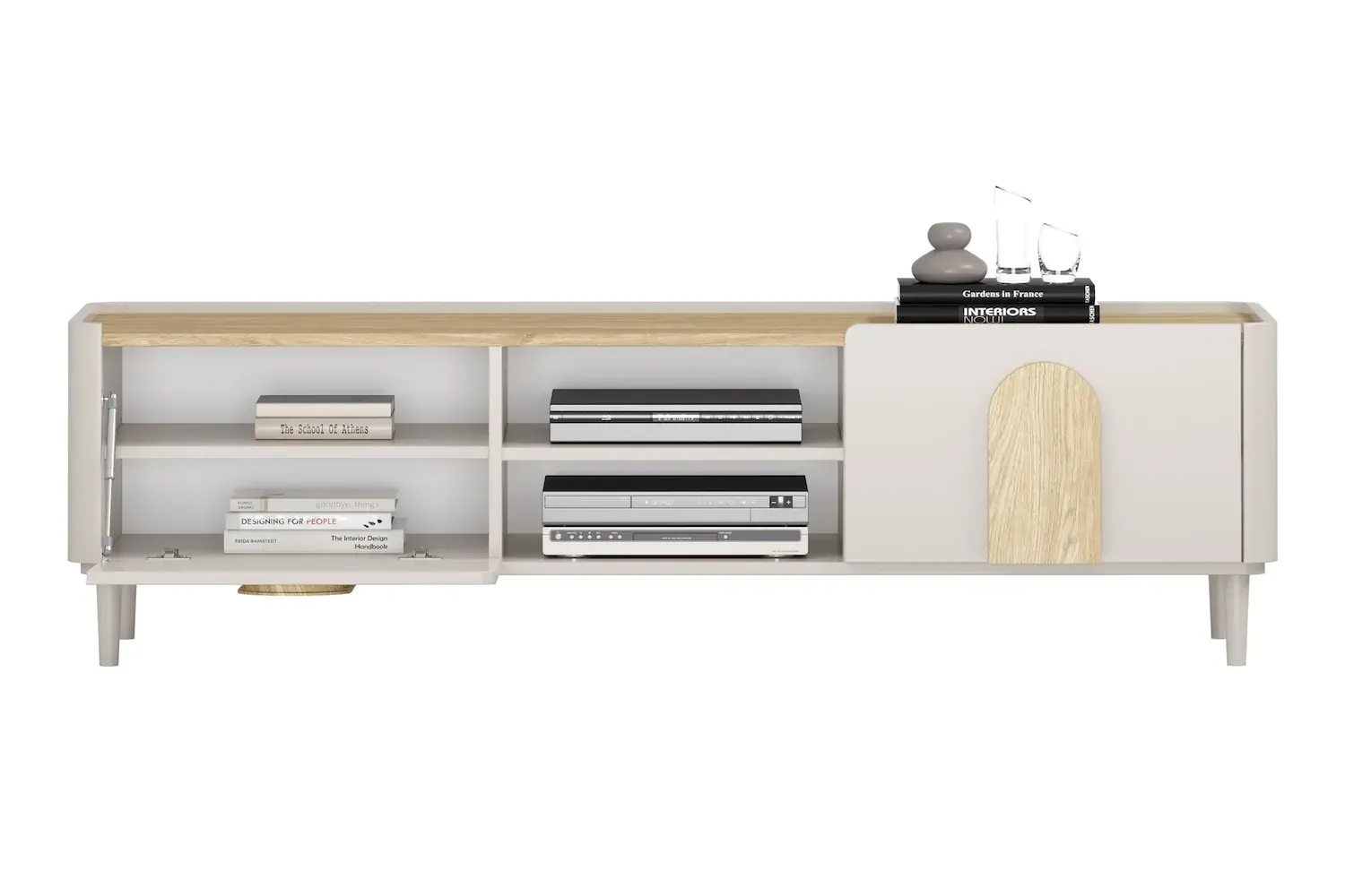 Szafka RTV z klapą i szufladą AMILIO 170 - cashmere dąb olejowany uchwyty dąb jasny nogi cashmere - B_169224