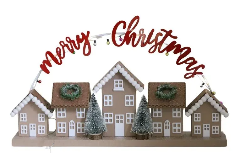 Dekoracja drewniana DOMKI "MERRY CHRISTMAS" LED wielokolorowy