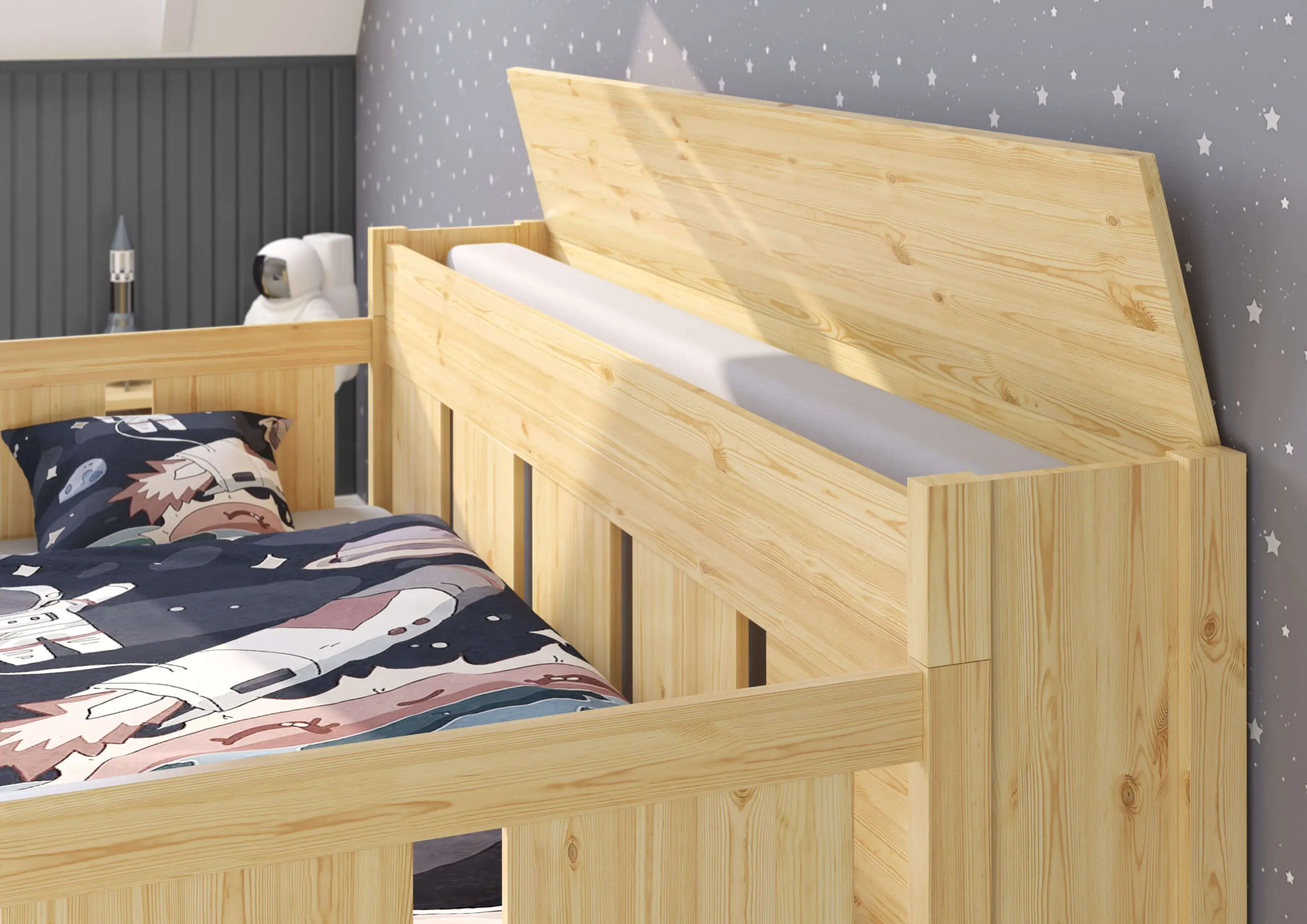 Łóżko drewniane rozkładane MOON 90x200 z oparciem naturalne - LMOONSOS90