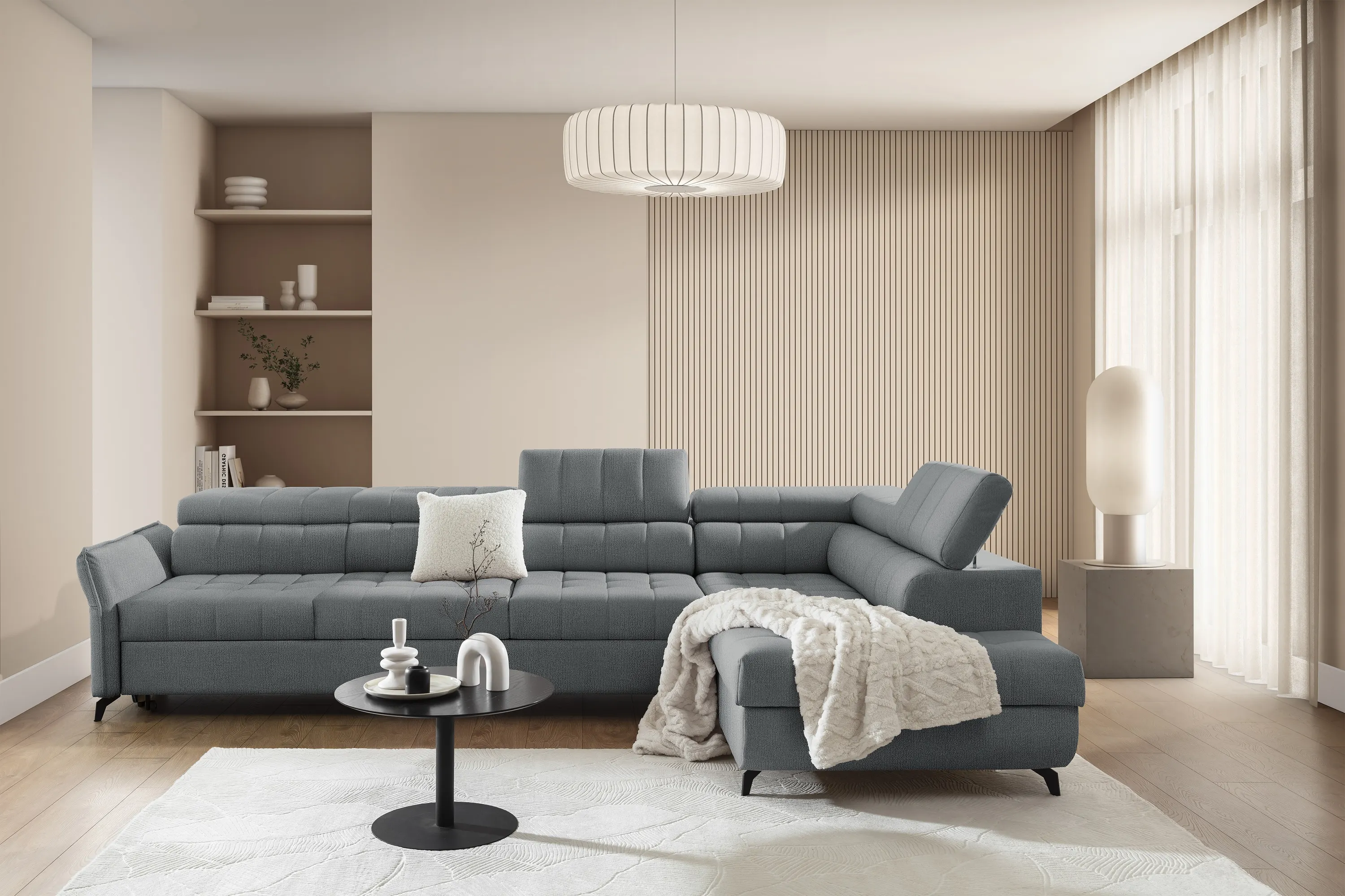 Narożnik prawostronny ELARIAS MAXI regulacja zagłówka i podłokietników tkanina Perfect harmony 85 szary - B_168606