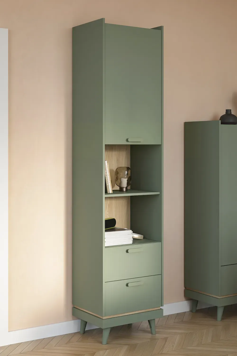 Regał 1-drzwiowy z 2 szufladami SCANDI 88 zielony-dąb olejowany - 24GDOH88