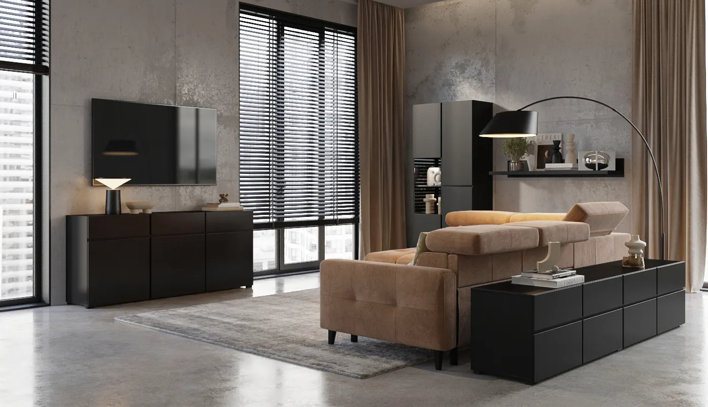 image salon, sofa, rozkładany, beżowy, konsola