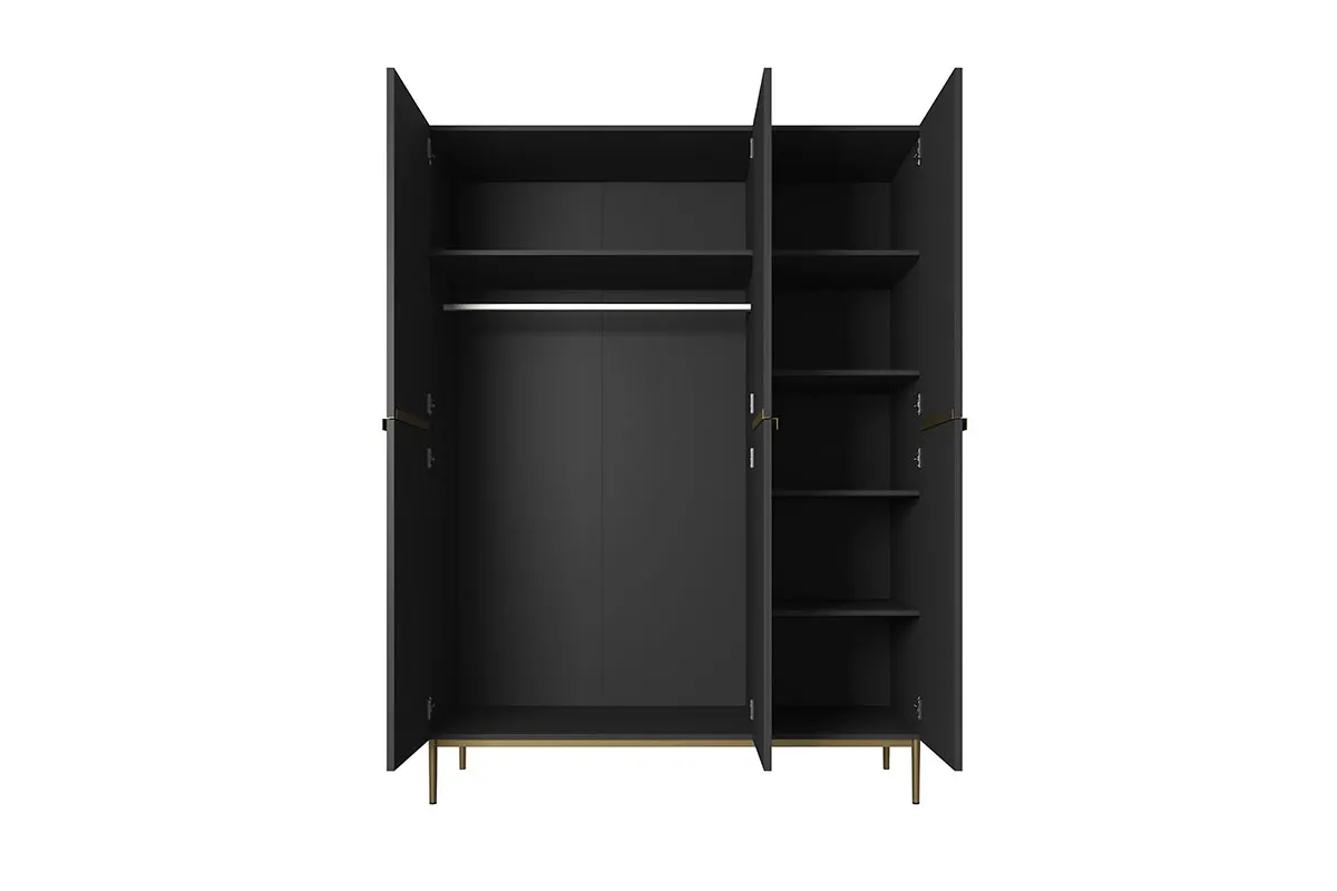 Szafa 3-drzwiowa NICOLE 150 z półkami i drążkiem - czarny mat - złoty stelaż - B_148471